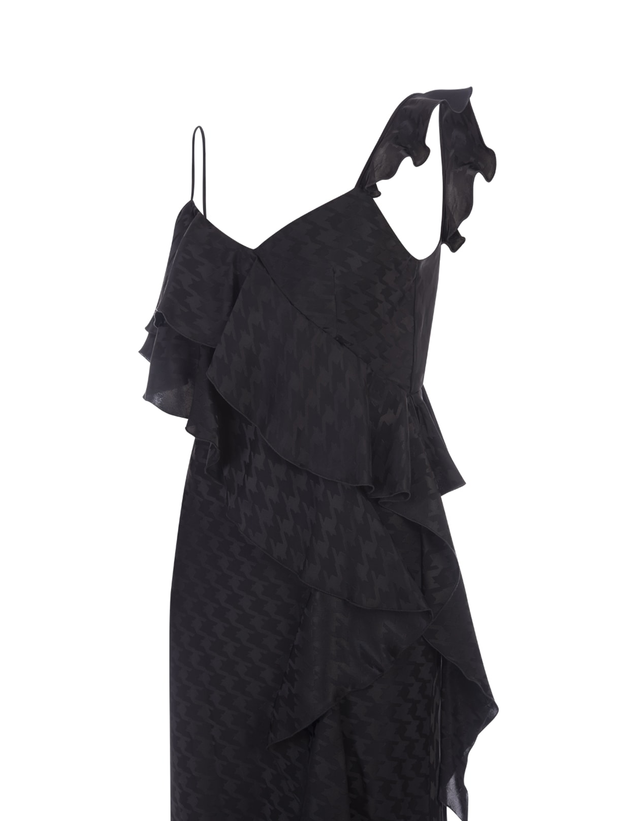 Shop Msgm Black Midi Dress With Ruffle And Houndstooth Pattern