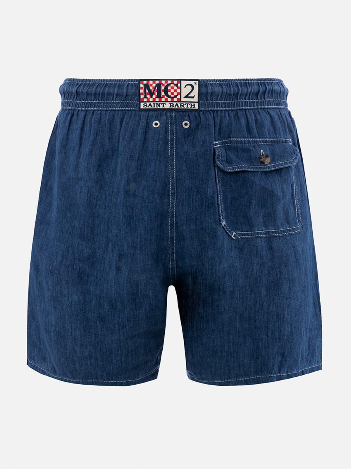 Mc2 Saint Barth Man Mid-length Denim Blue Linen Swim-shorts Gustavia In Blue