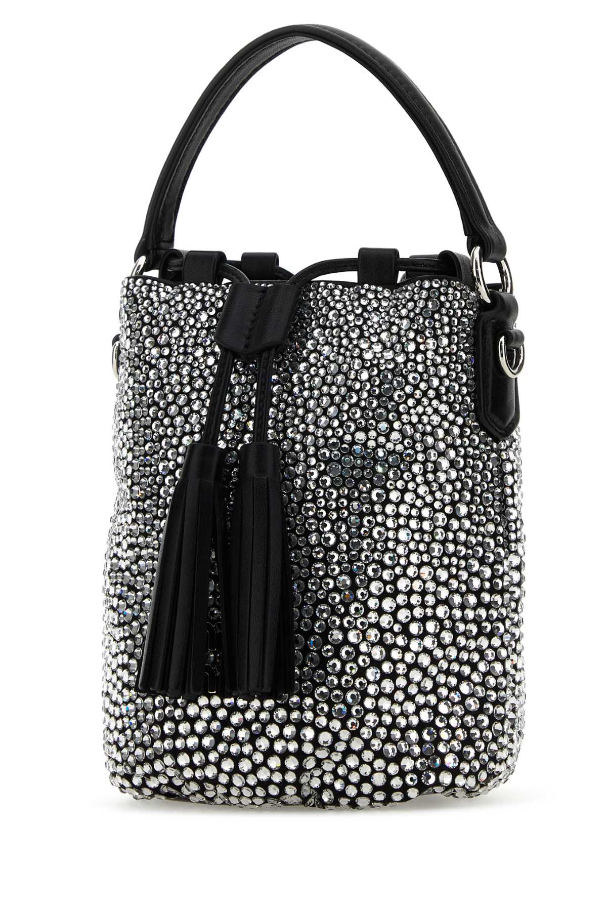 Shop Miu Miu Embellished Satin Bucket Bag In Nero