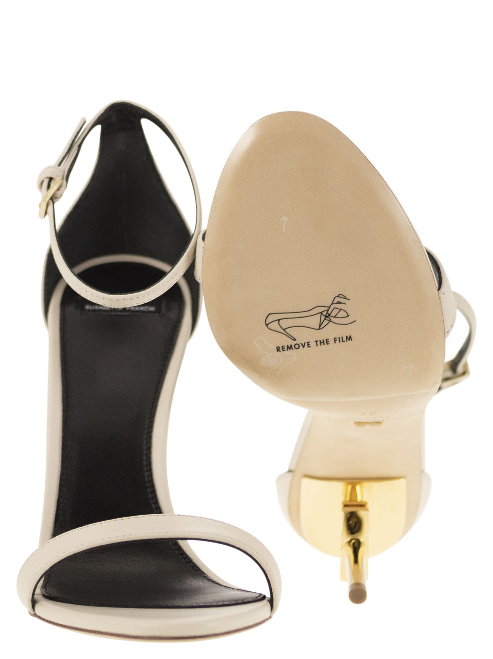 Shop Elisabetta Franchi Leather Sandals With Logo Heel In Butter