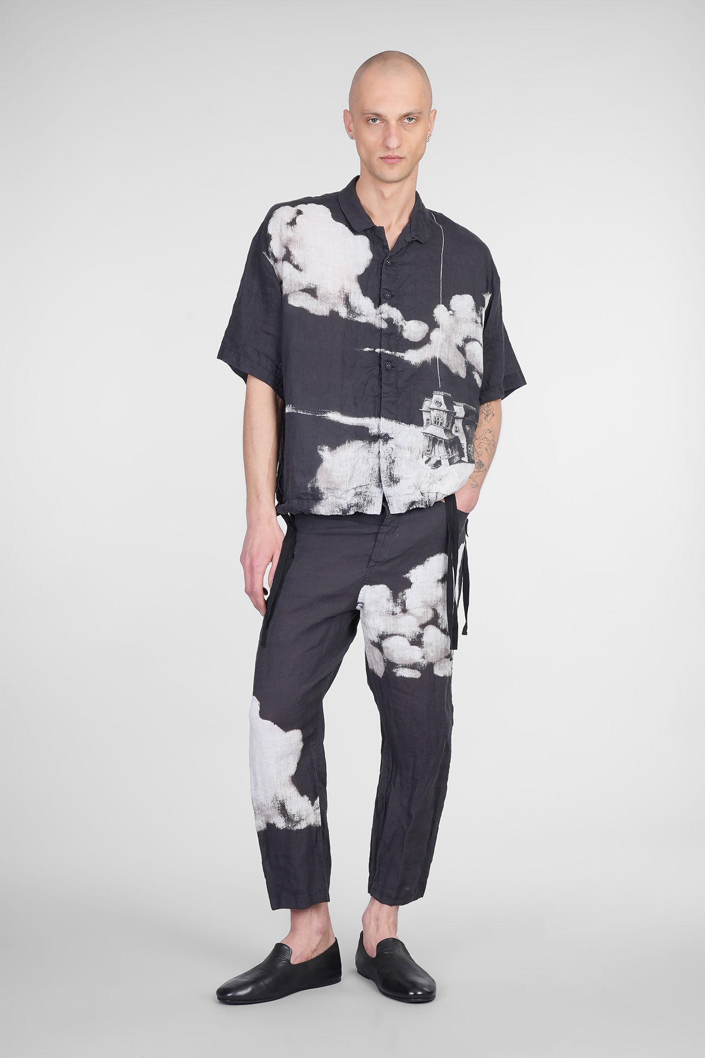 Undercover Oversize Short Sleeve Linen Button-up Shirt In Black