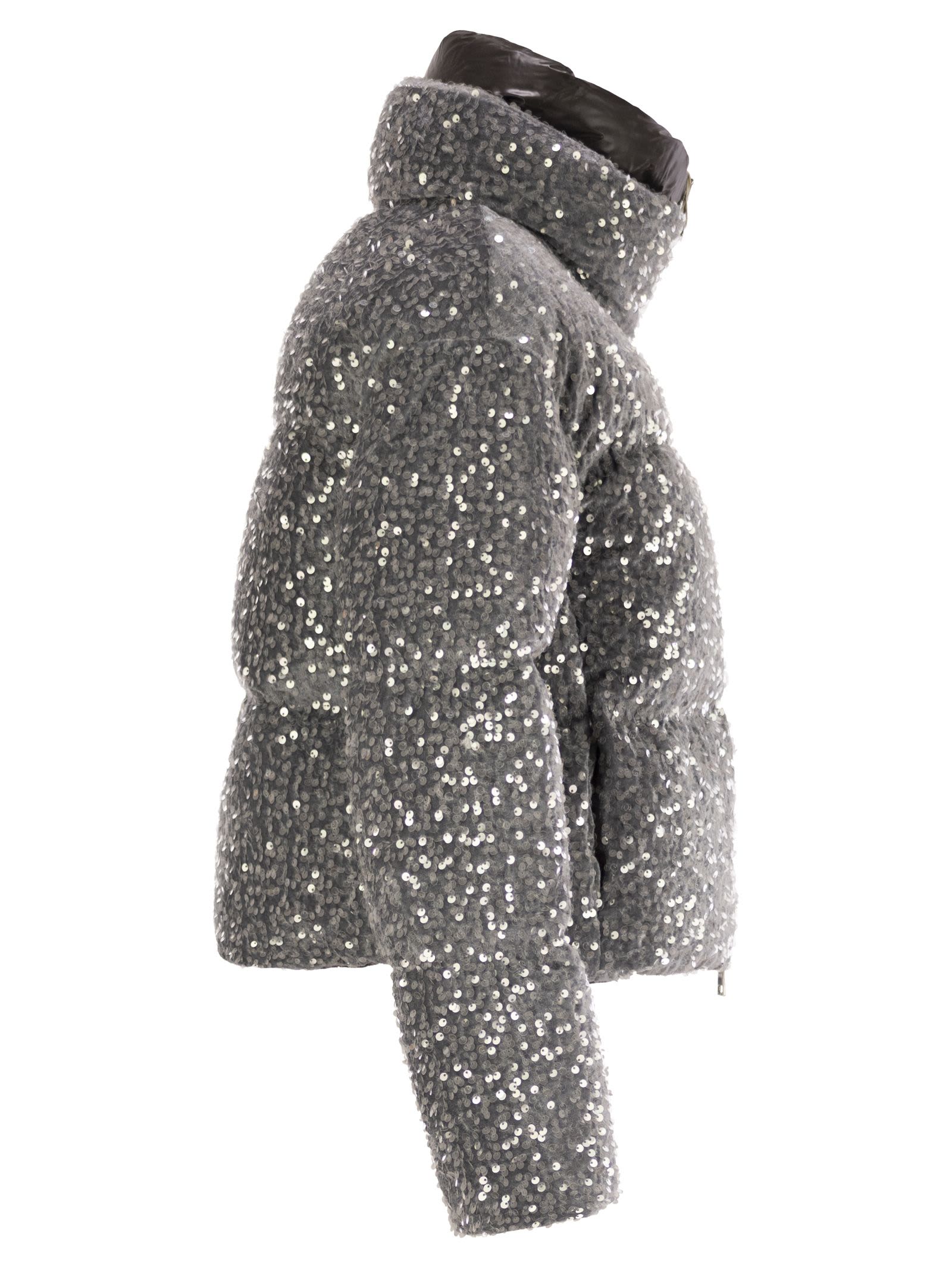 Shop Herno Short Down Jacket With Sequins In Grey