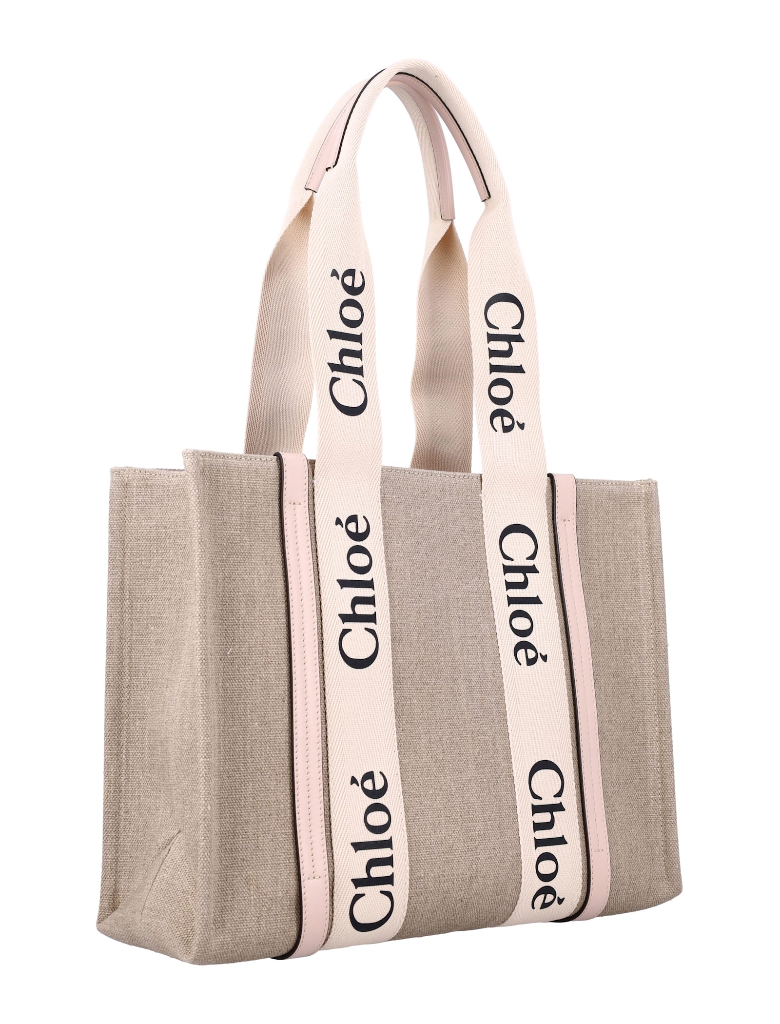 Shop Chloé Linen Woody Tote Bag In Cement Pink