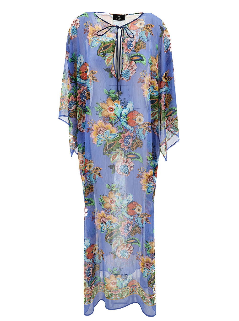 Shop Etro Long Multicolor Kaftan With Bouquet-inspired Print In Viscose Woman In Clear Blue