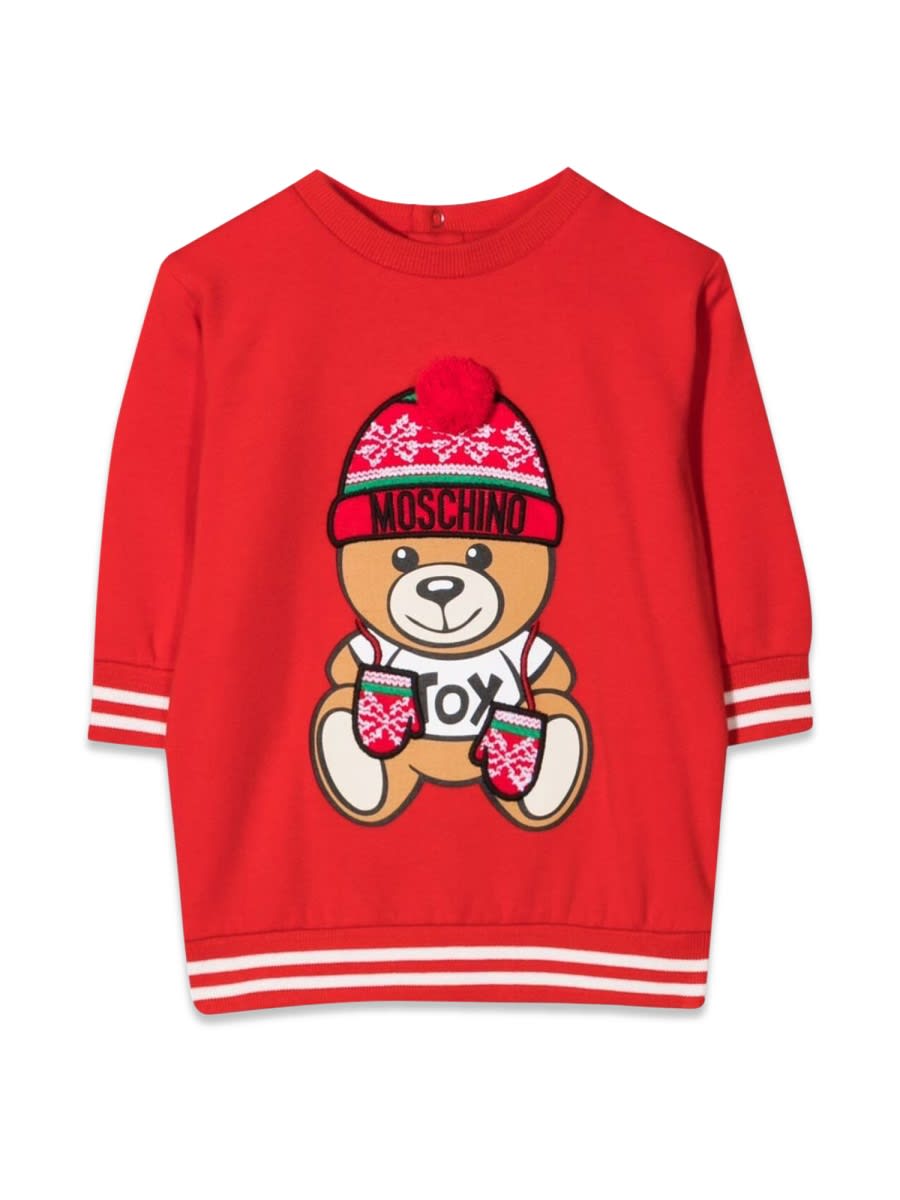 Moschino Babies' Abito In Cotone Con Teddy In Red