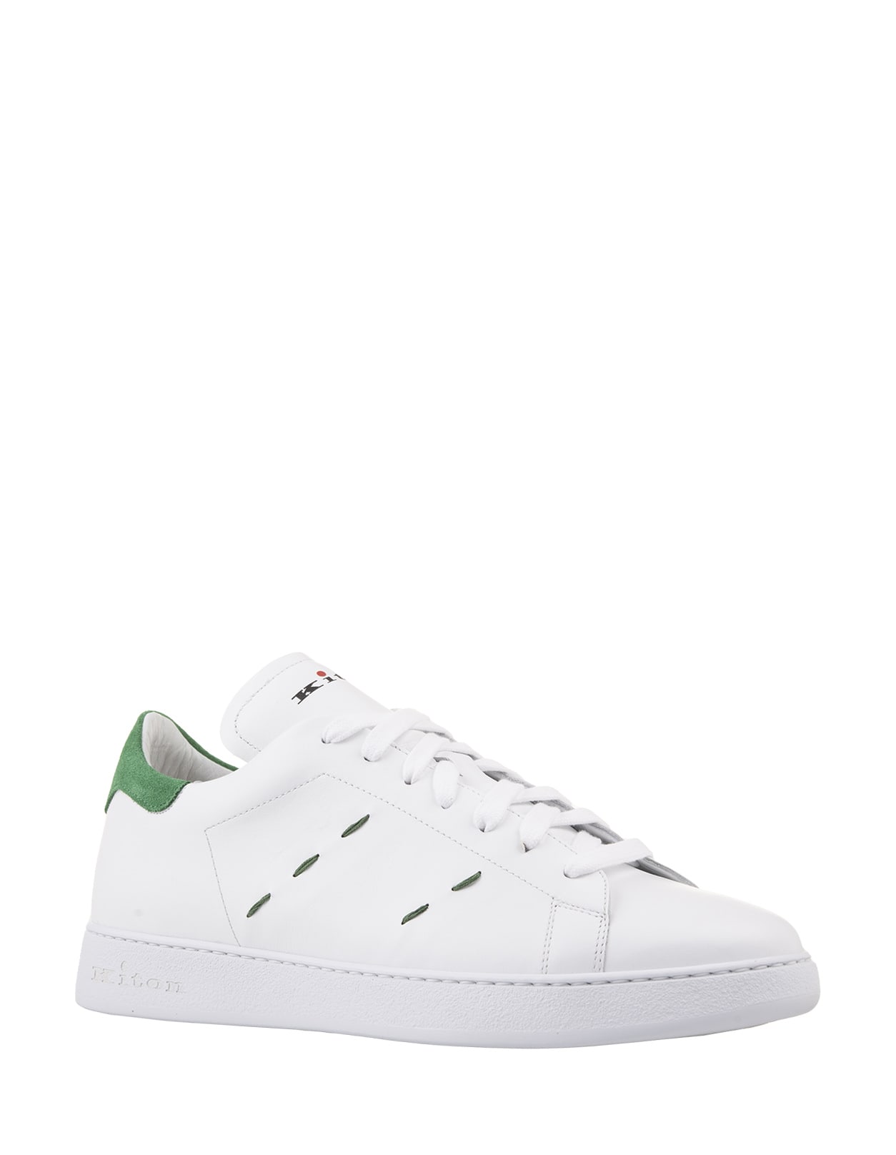 Shop Kiton White Leather Sneakers With Green Details