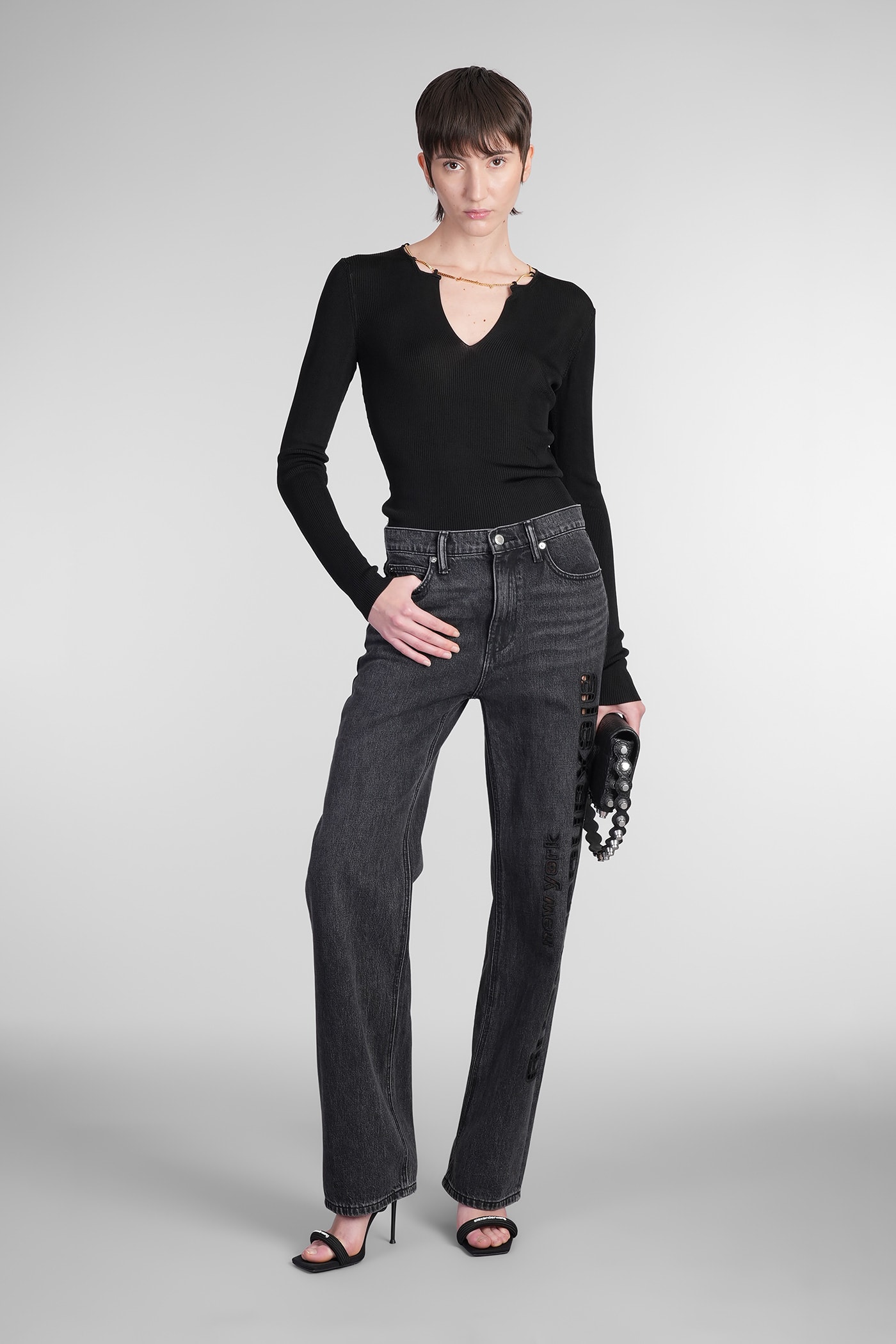 Alexander Wang Black Jeans With Logo Print On The Leg In Greyaged