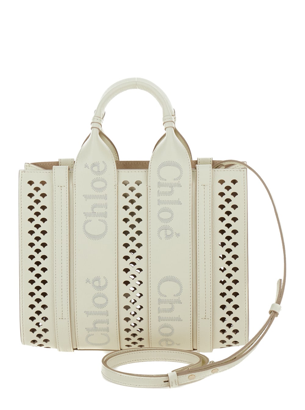 Shop Chloé Piccola Woody White Tote Bag With Perforated Edges And Logo In Grained Leather Woman