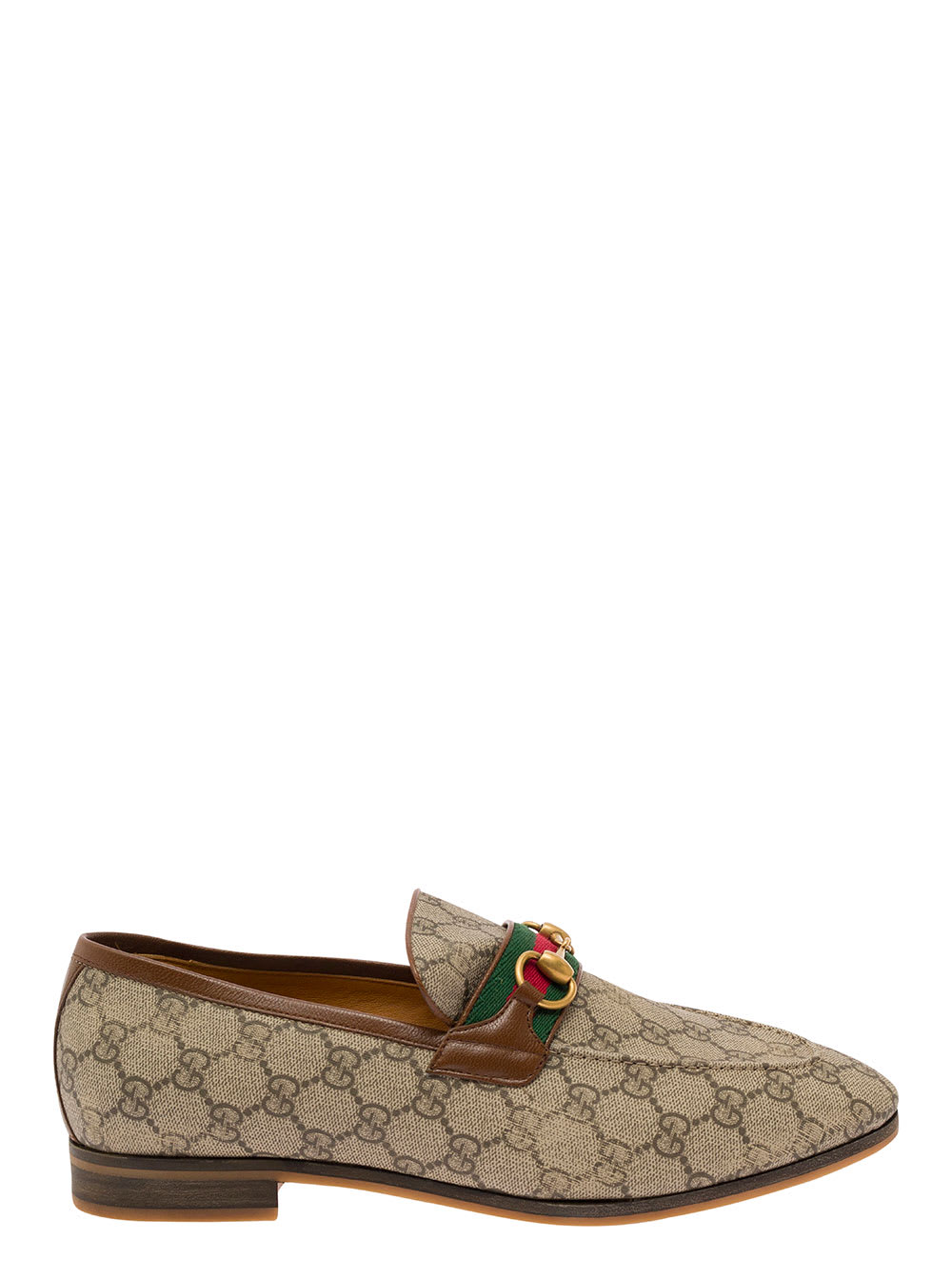 Gucci Paride Beige Loafers With Horsebit And Web Detail In Gg Supreme Canvas Man In Brown