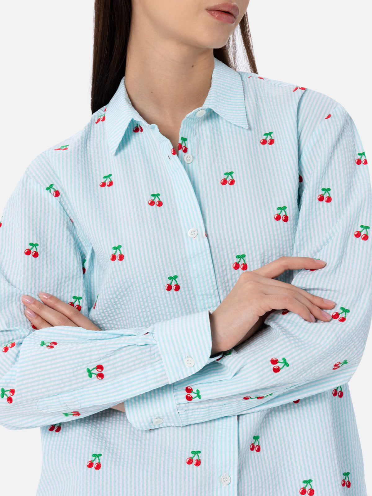 Mc2 Saint Barth Woman Seersucker Cotton Shirt Brigitte With Cherry Patches In Green