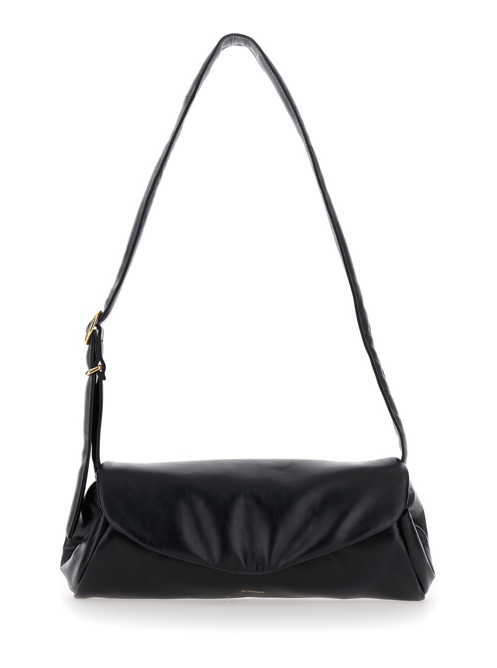 Shop Jil Sander Cannolo Padded Big Black Shoulder Bag With Embossed Logo In Padded Leather Woman