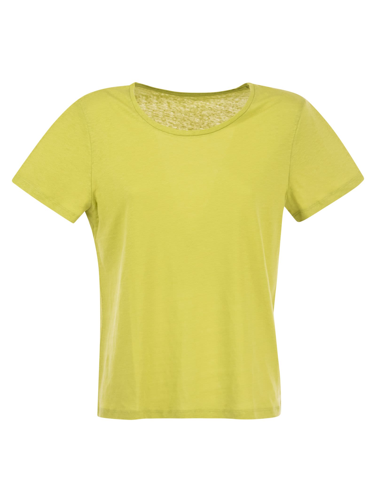 Shop Majestic Crew-neck T-shirt In Linen And Short Sleeve In Green
