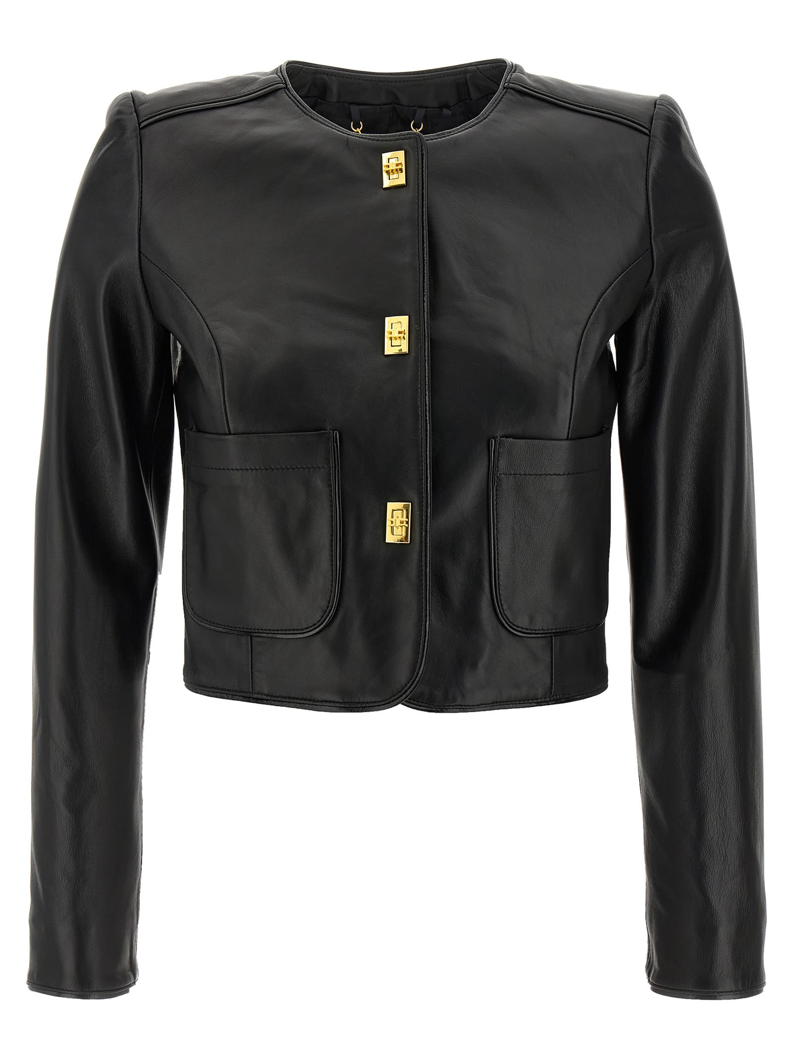 Elisabetta Franchi Leather Jacket With Monogram Metal Details In Black