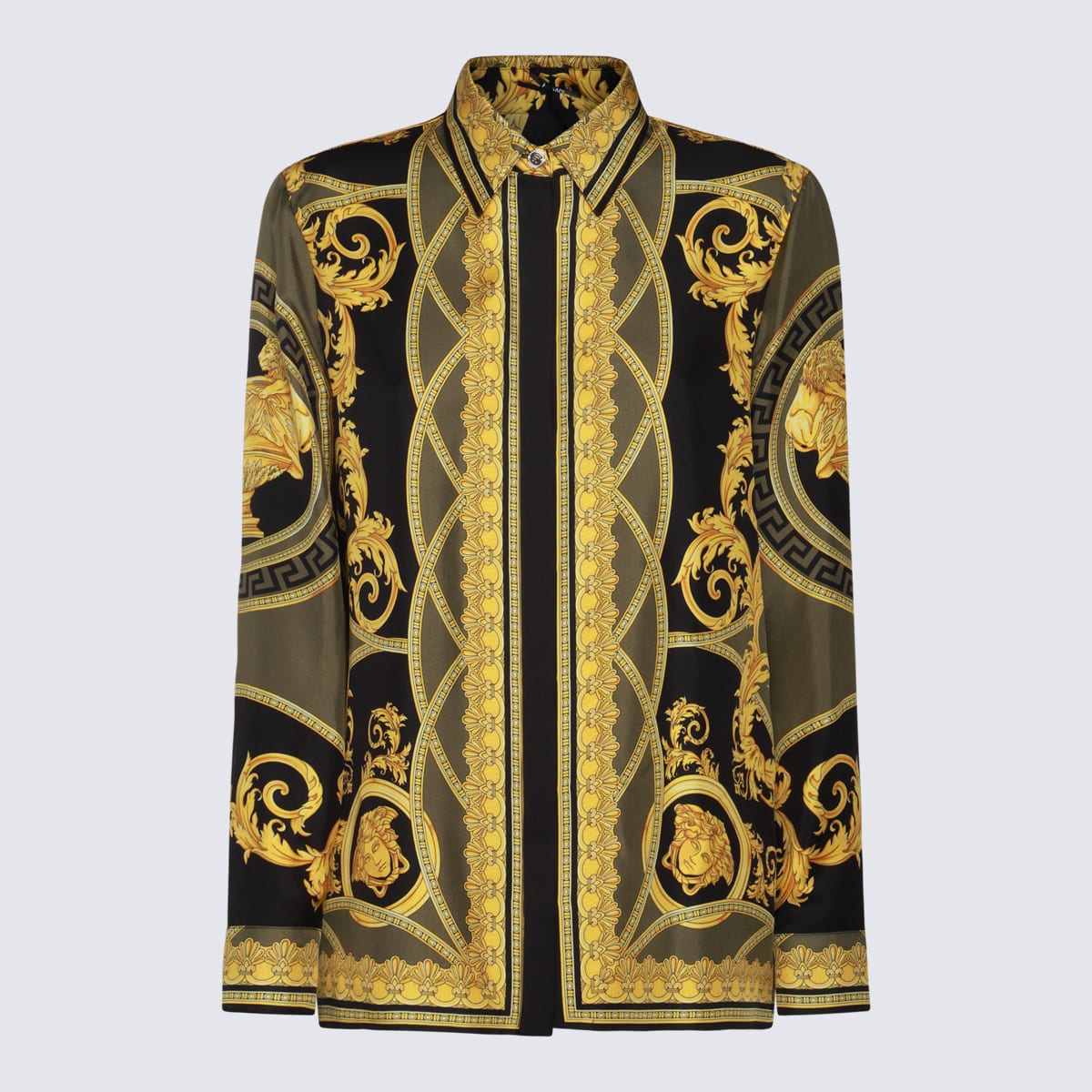 Shop Versace Gold And Black Silk Shirt In Black/dark Olive/gold