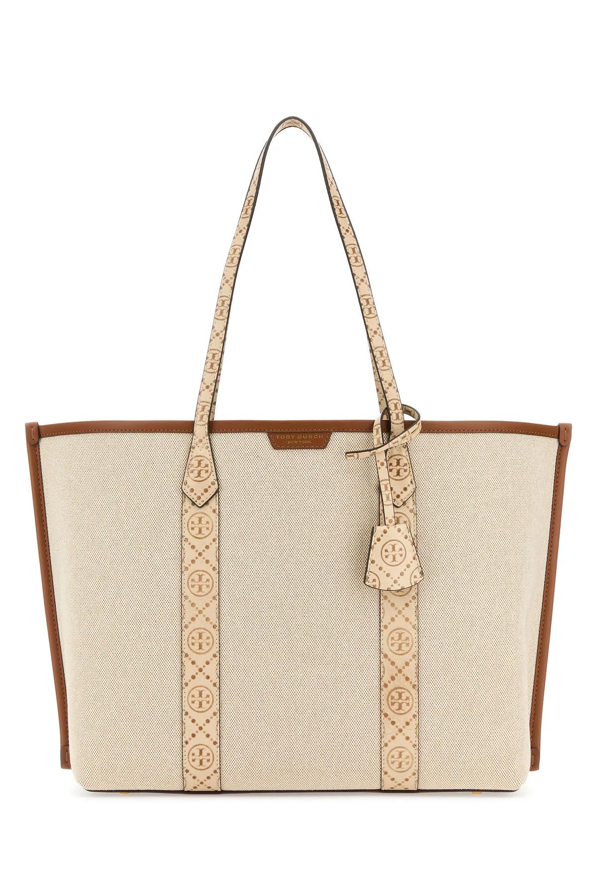 Shop Tory Burch Ivory Canvas Perry Shopping Bag In Beige
