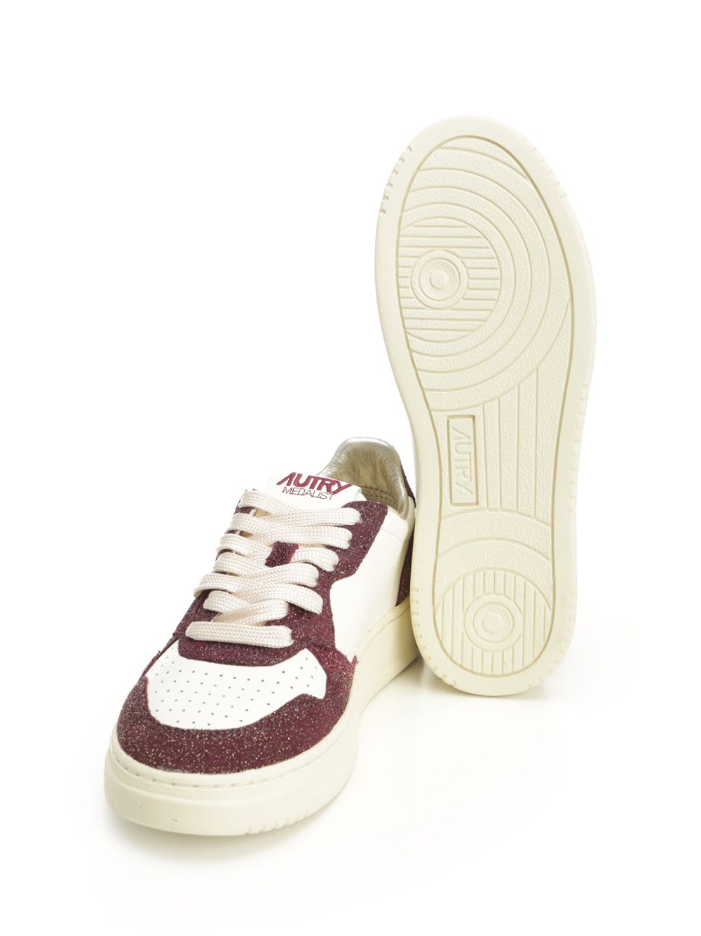 Autry Sneakers Medalist Low In Avory And Burgundy Glittered Leather. In Brown