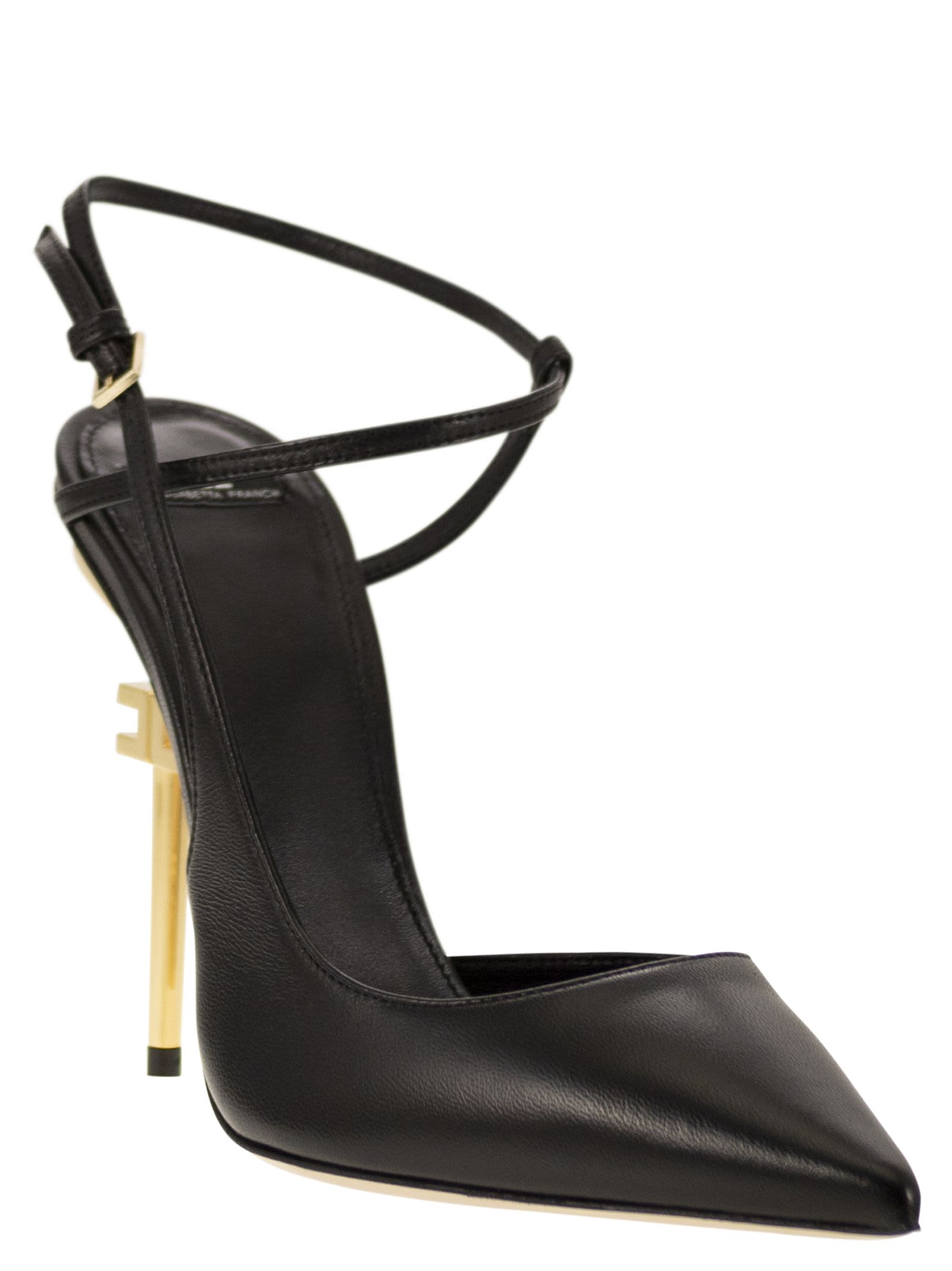Shop Elisabetta Franchi Leather Slingback With Logo Heel In Nero
