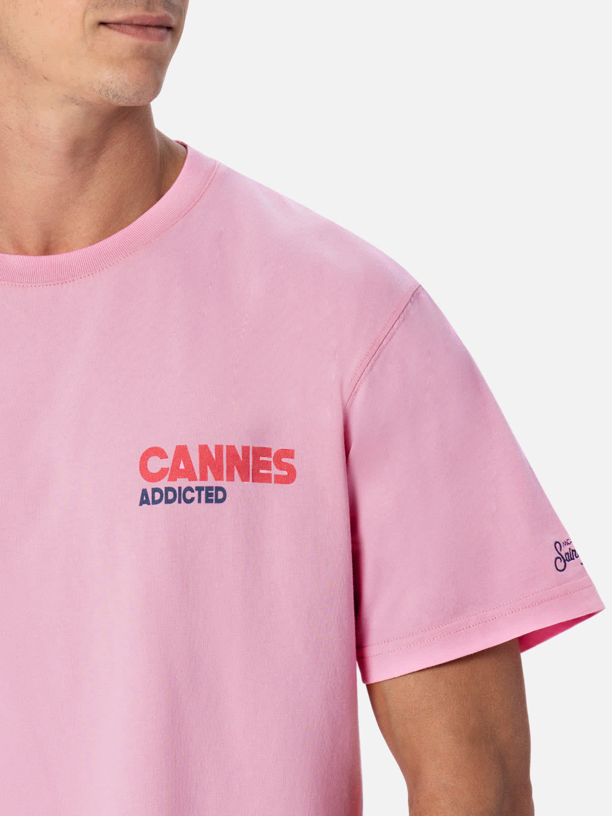MC2 SAINT BARTH MAN COTTON T-SHIRT WITH CANNES ADDICTED POSTCARD PLACED PRINT