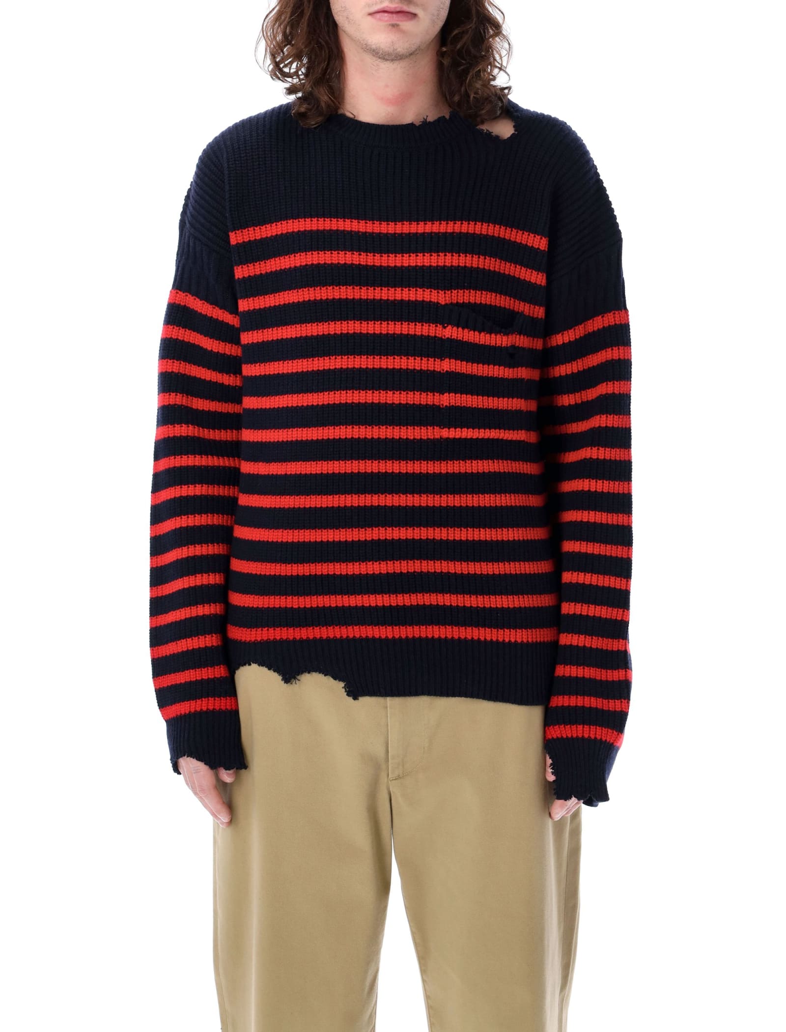 Marni Sailor Striped Distressed Crewneck Sweater In Blu Marine