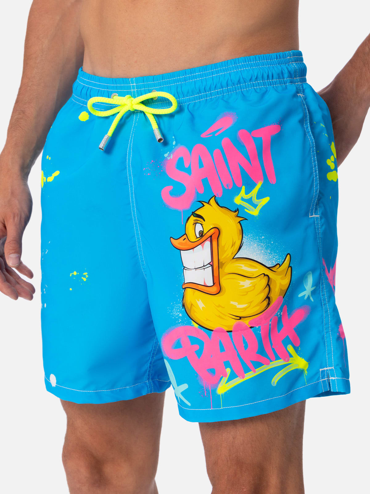 Mc2 Saint Barth Man Mid-length Gustavia Swim-shorts With Ducky Cryptopuppets Placed Print Cryptopuppets Special Edit In Sky