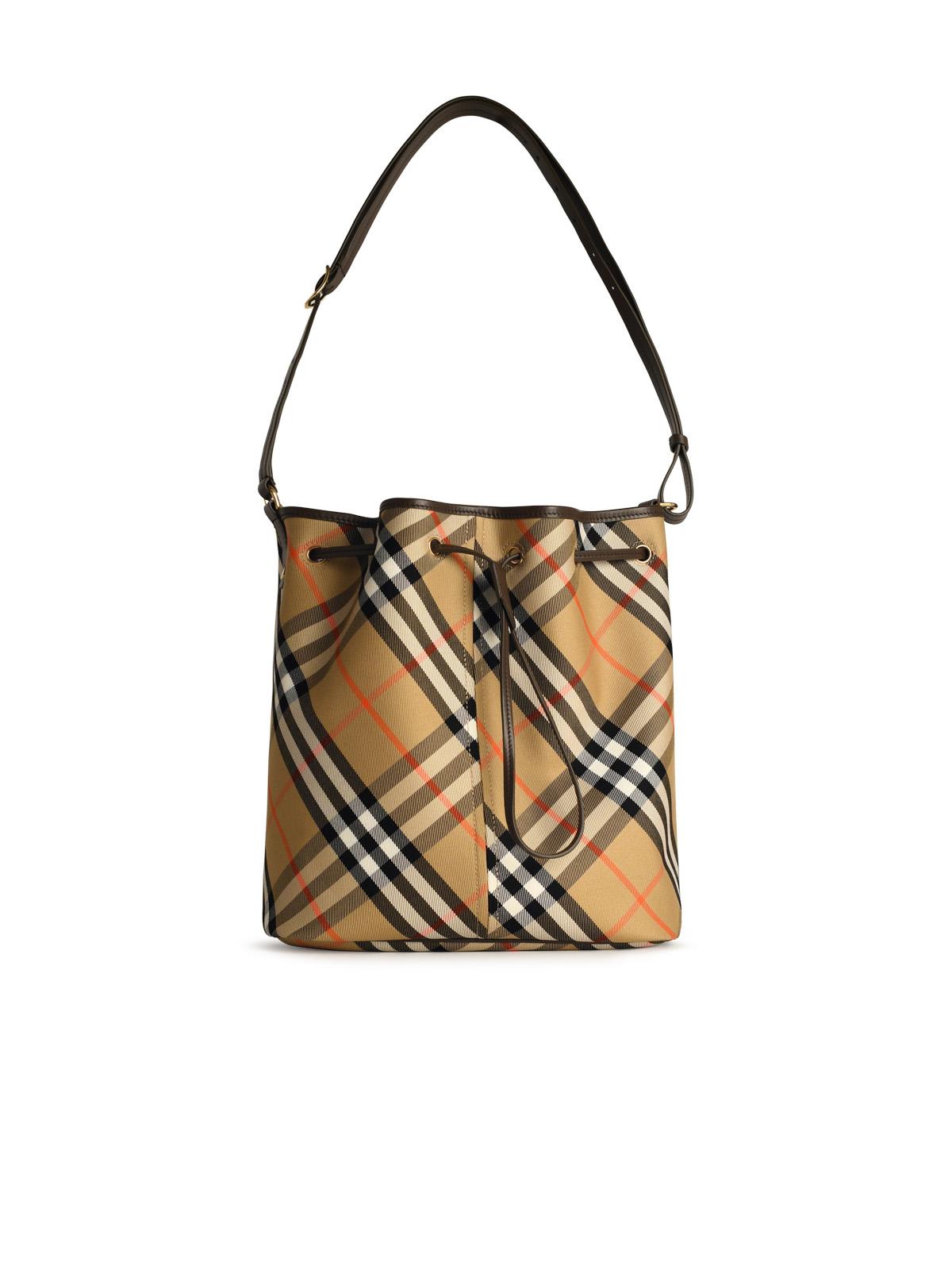 Shop Burberry Check Bucket Bag In Beige Cotton Blend In Sand