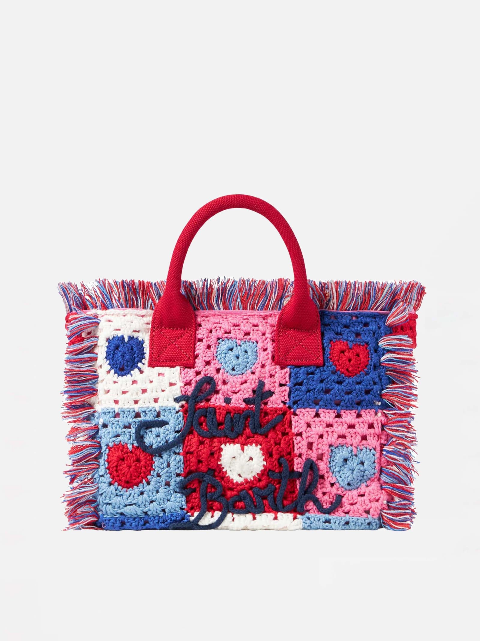 Mc2 Saint Barth Heart Patches Crochet Bag With Fringes In Red