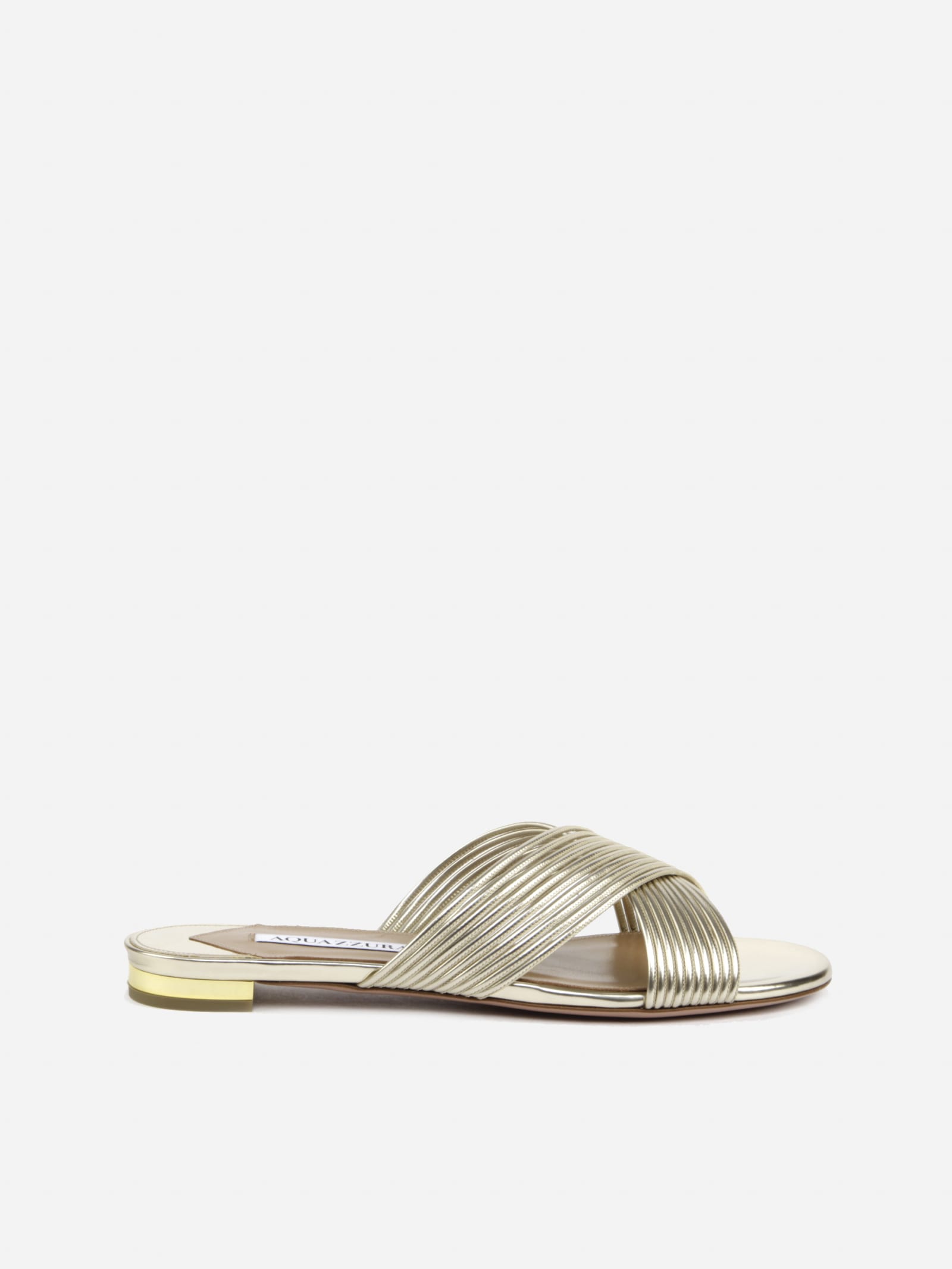 Aquazzura Perugia Flat Sandals Made Of Mirror Effect Leather In Platinum