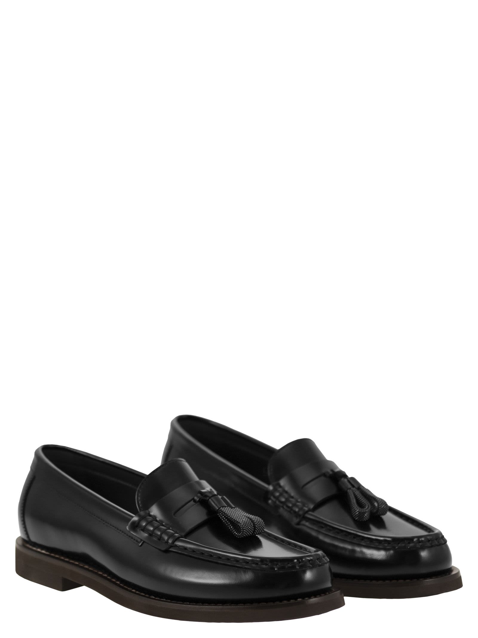 Shop Brunello Cucinelli Minimal Calfskin Moccasin With Shiny Tassels In Black