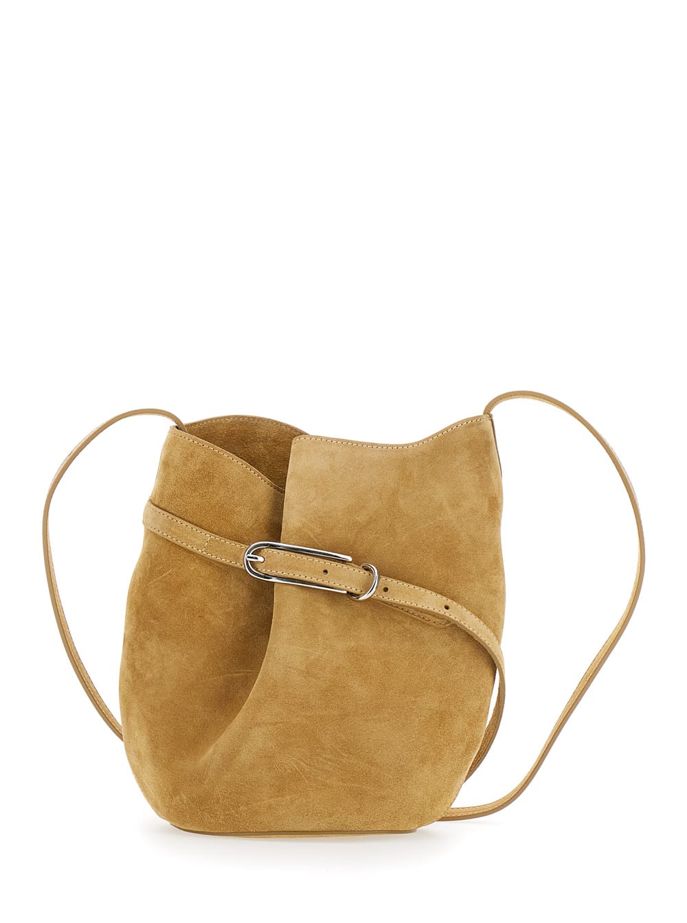 Belted Bucket Beige Shoulder Bag With Belt On The Front In Suede Woman