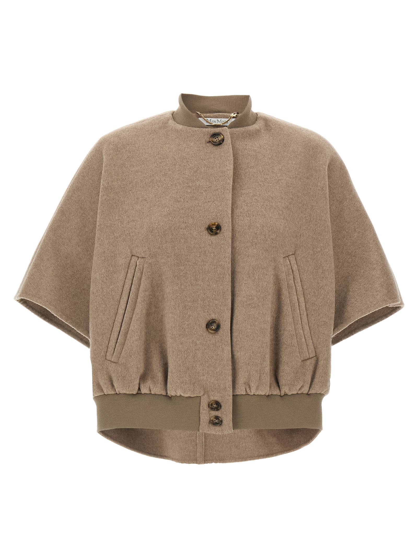 Max Mara Ribbed Hem Short Sleeve Cape With High Collar In Brown