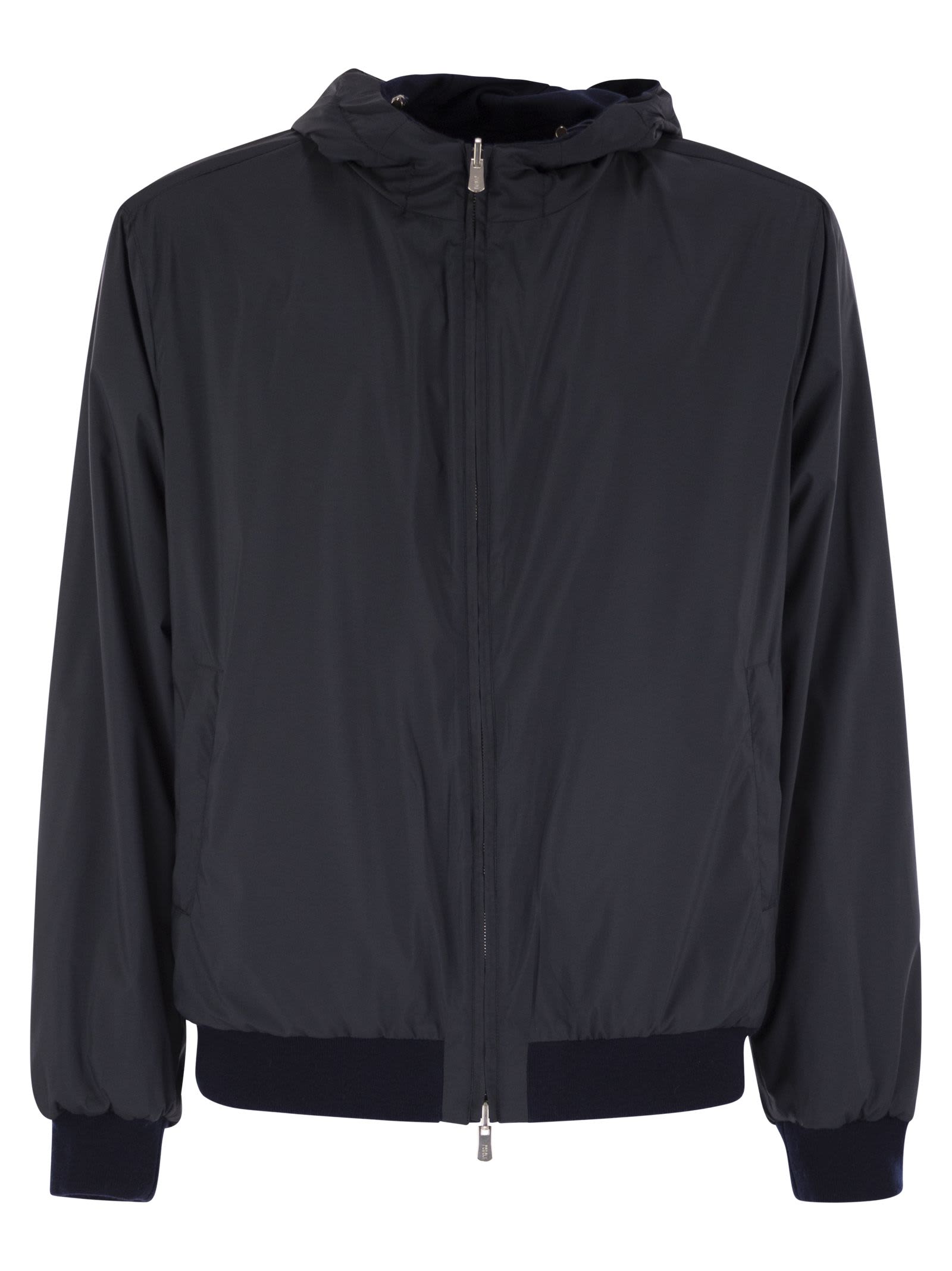 Fedeli Reversible Bomber Jacket With Hood In Cashmere Flannel And Airstop In Blue