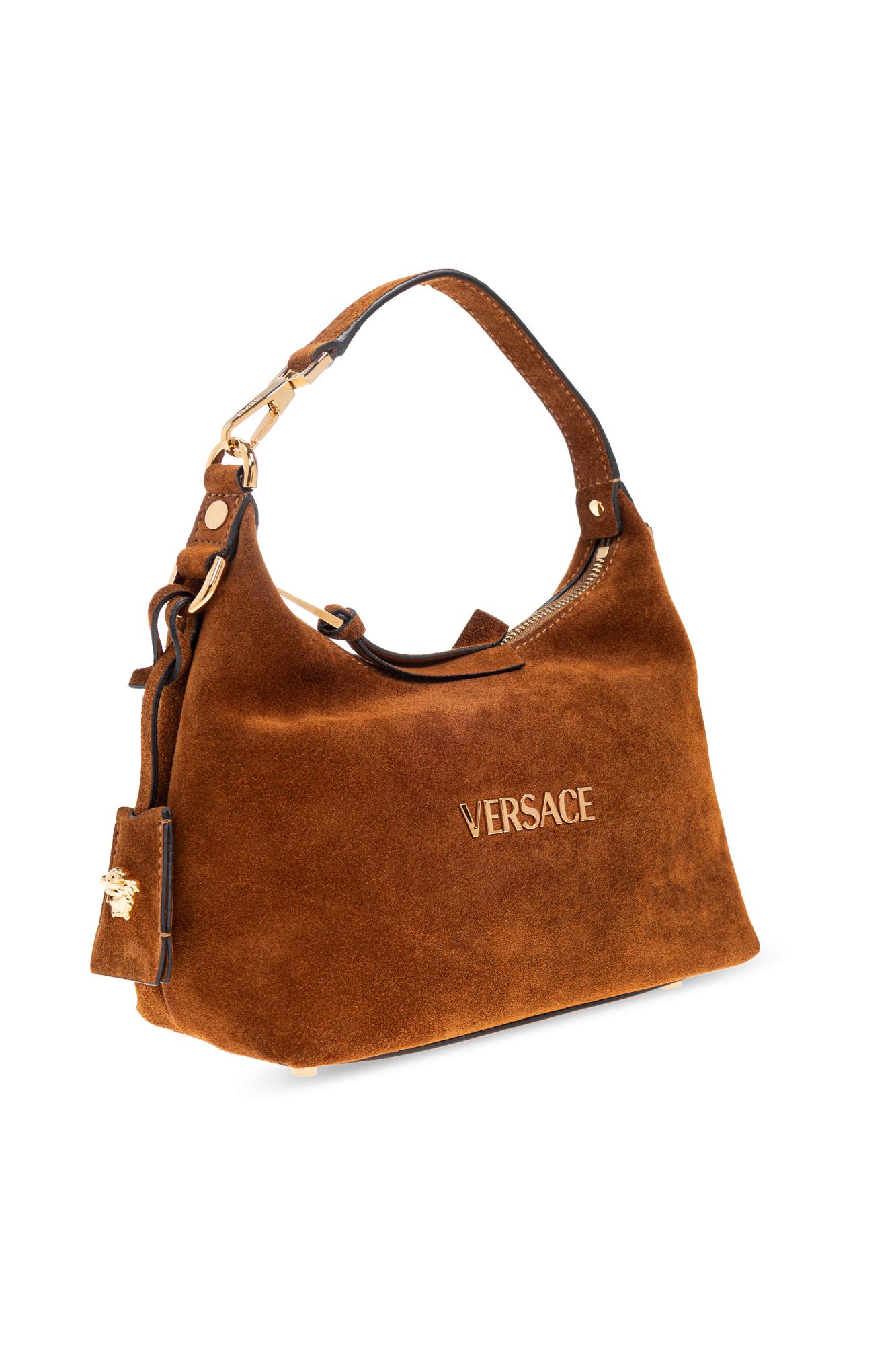 Versace Logo-lettering Suede Tote Bag In Brown