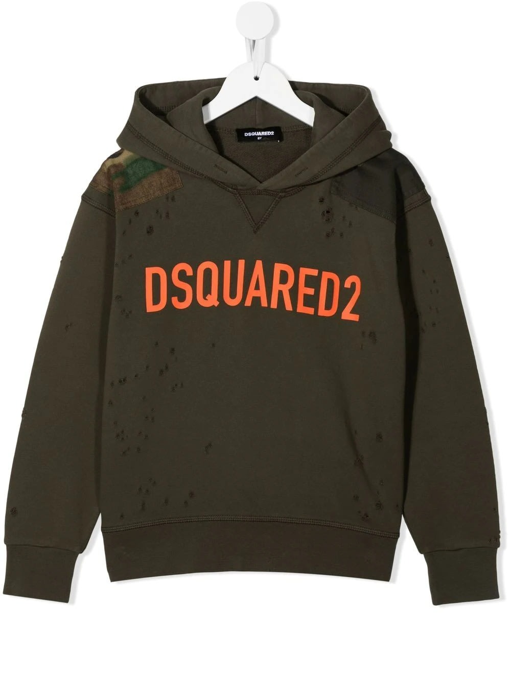 DSQUARED2 KIDS MILITARY GREEN HOODIE WITH RUINED EFFECT AND CONTRAST LOGO