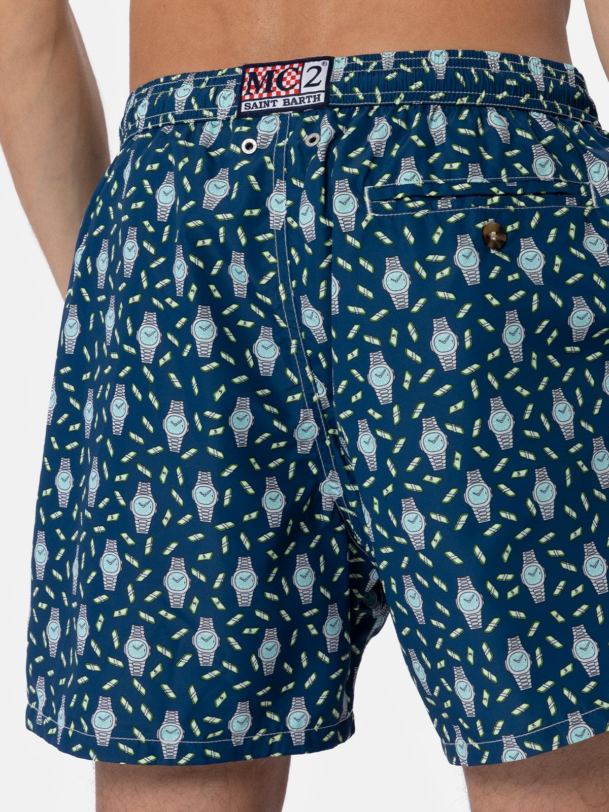 Shop Mc2 Saint Barth Man Lightweight Fabric Swim-shorts Lighting Micro Fantasy With Watches Print In Blue Navy