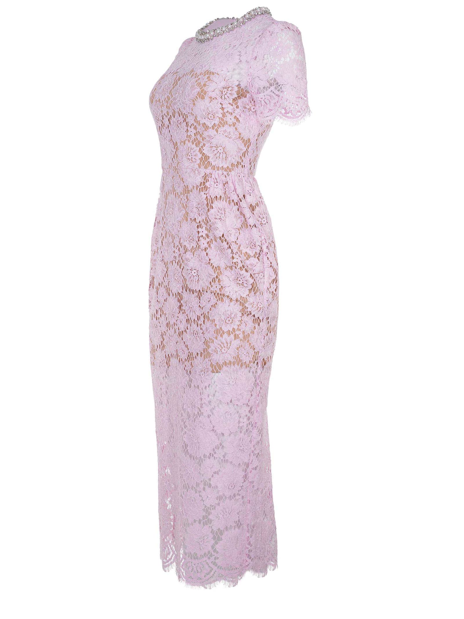 Self-portrait Pink Crewneck Midi Dress With All-over Lace Embroidery And Jewel Embellishment On The Collar In Pink
