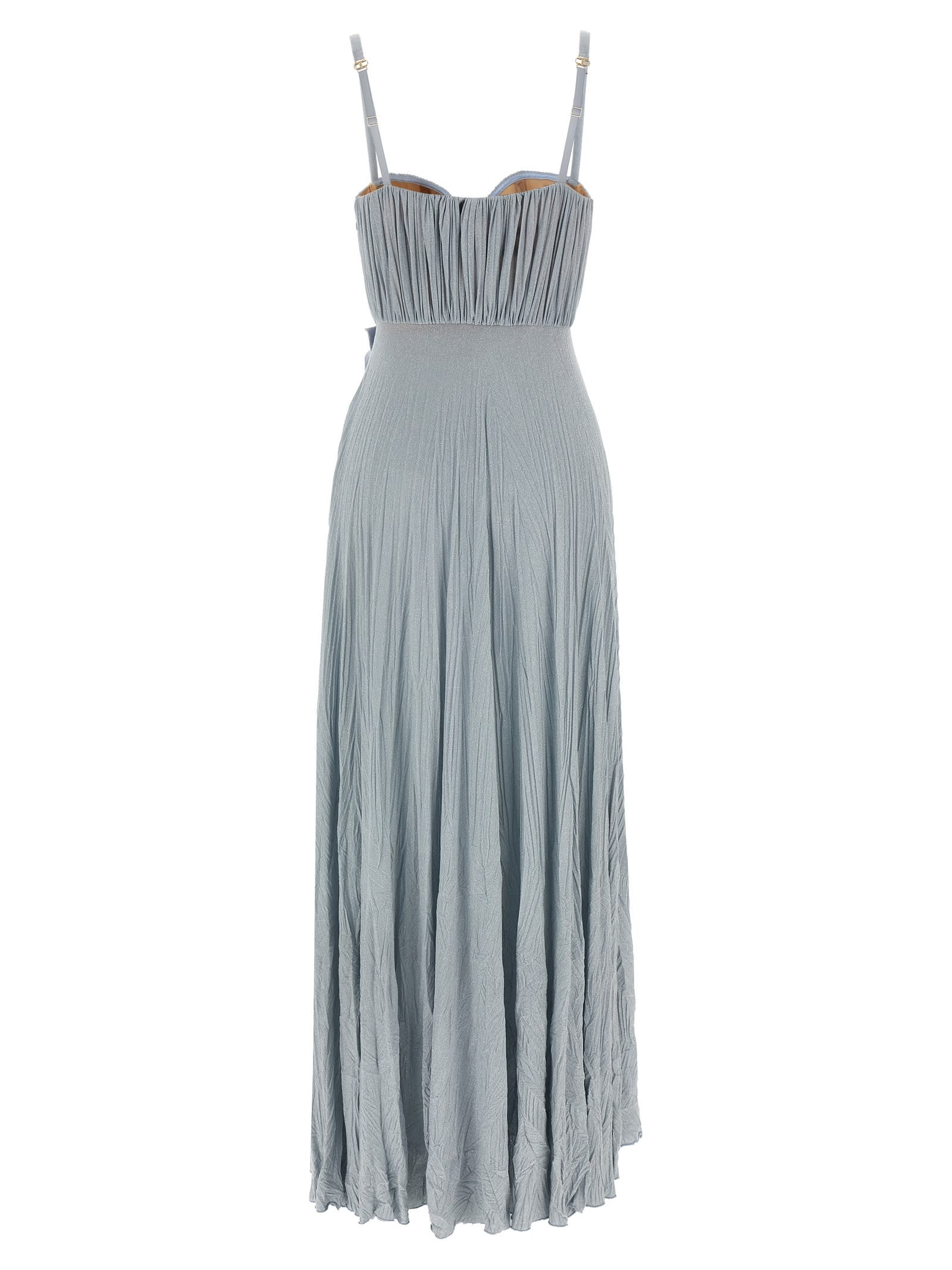 Elisabetta Franchi Pleated Dress Floral Embellishments In Sky Blue