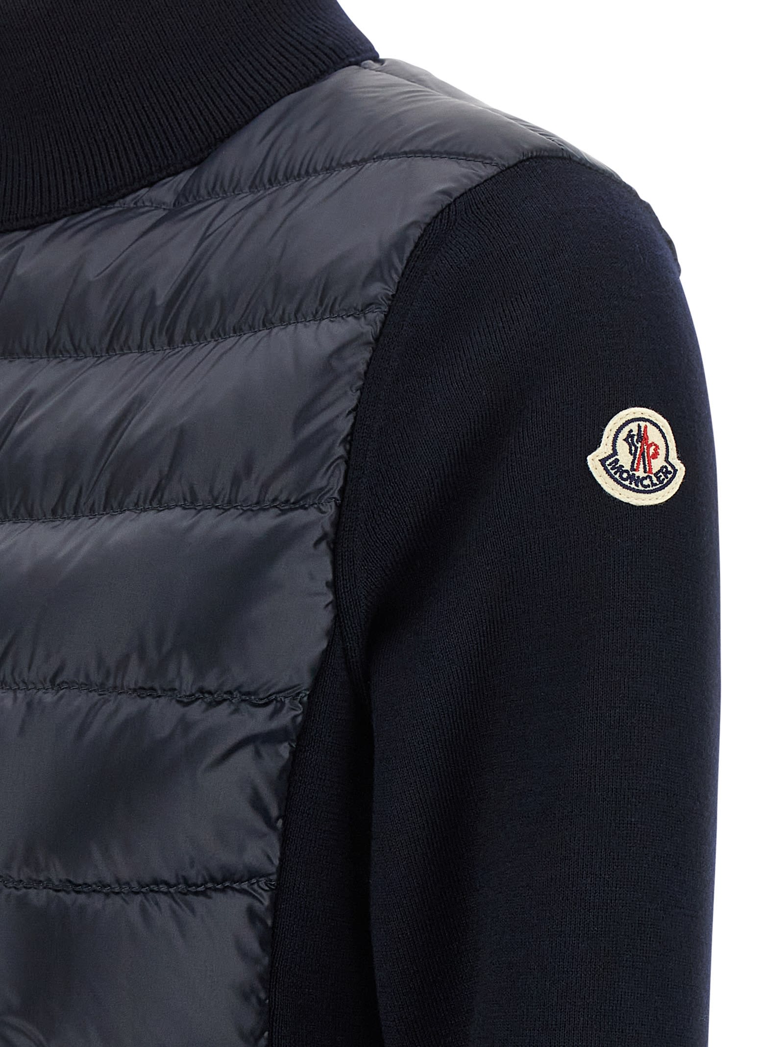 Moncler Two-material Cardigan With High Neck And Zip Closure In Blue