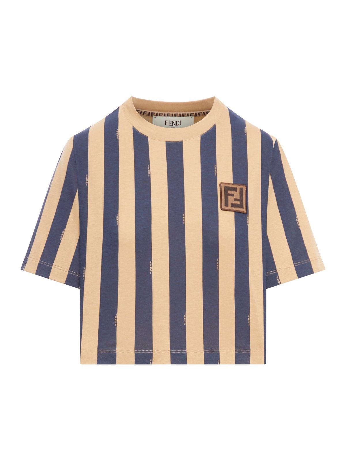 Shop Fendi Striped Crewneck T-shirt In Beige