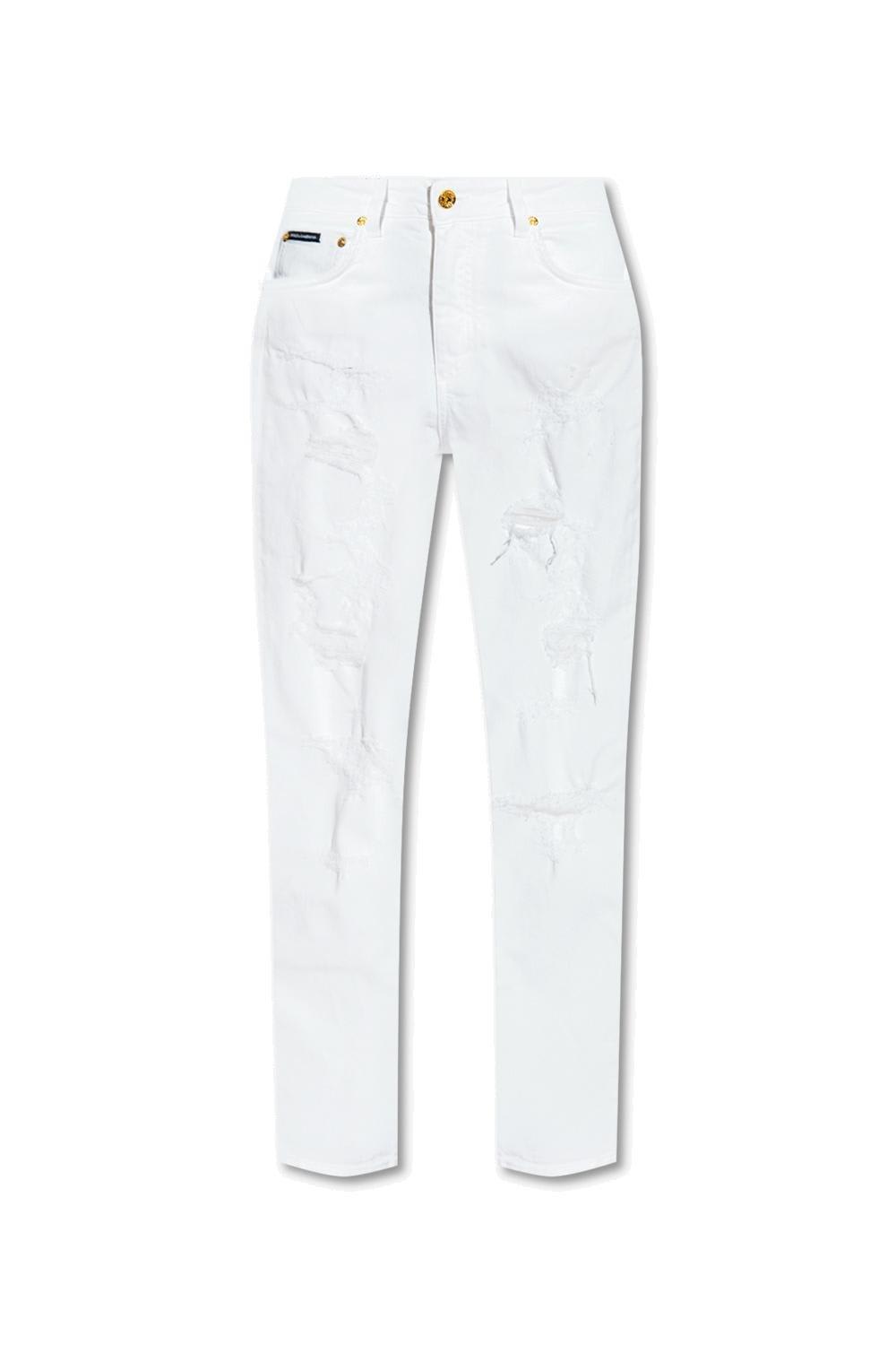 Dolce & Gabbana Logo Patch Distressed Boyfriend Jeans In Bianco
