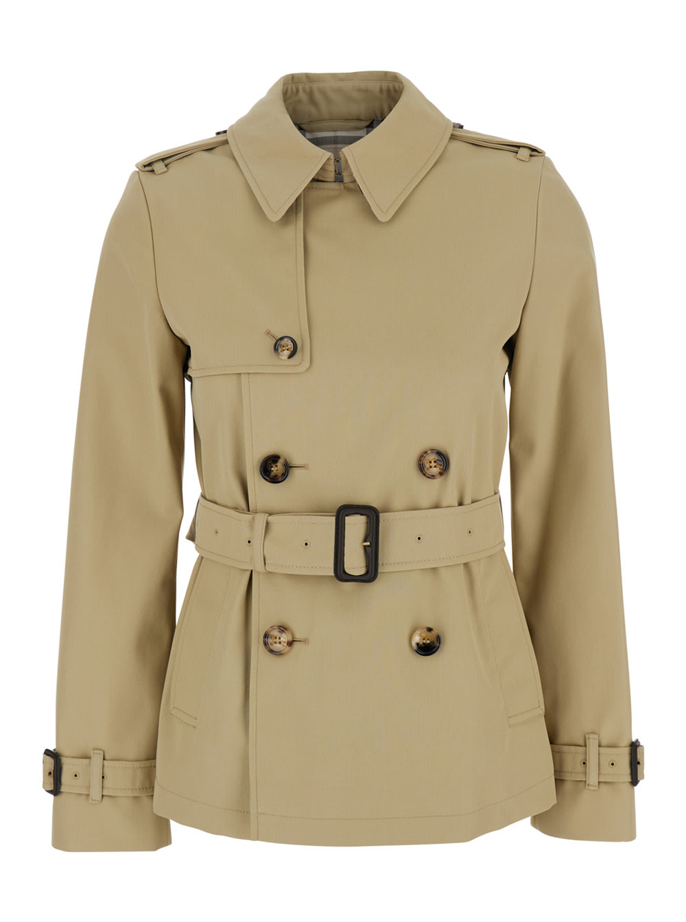 Beige Short Trench Coat With Waist Belt In Cotton And Tech Fabric Blend Woman