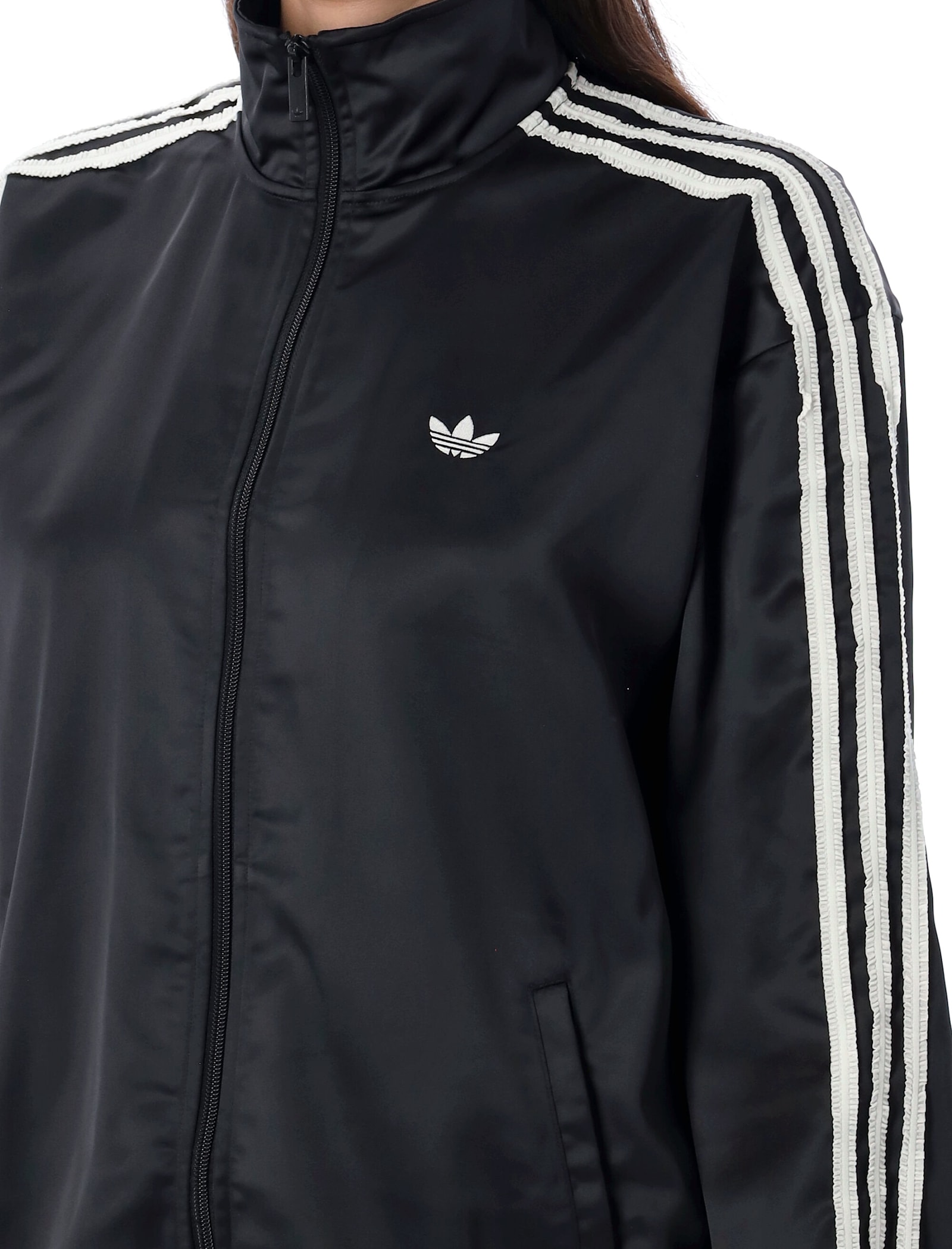 Adidas Originals Satin Ruffle 3-stripes Firebird Track Jacket In Black