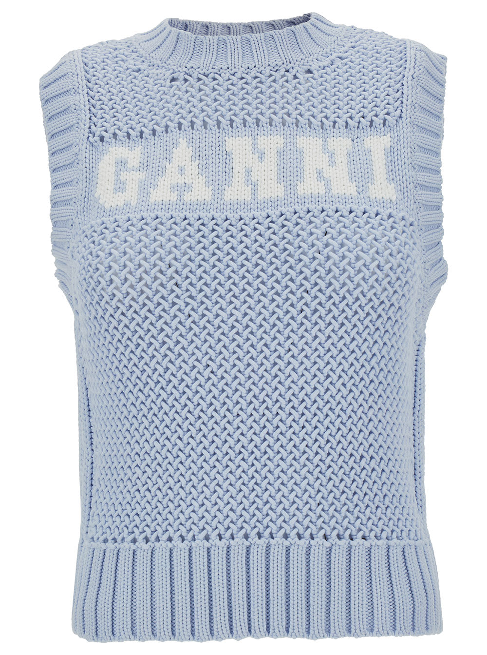 Light Blue Knit Vest With Intarsia Logo In Cotton Woman