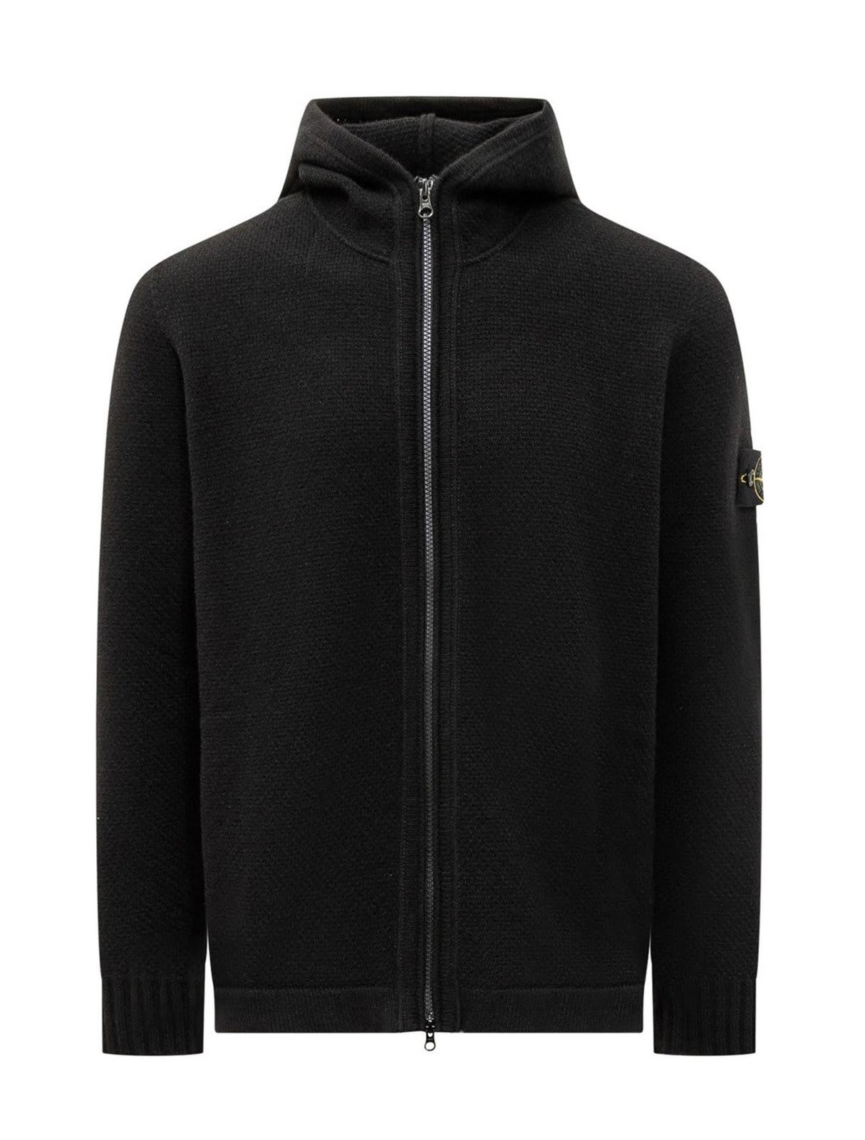 STONE ISLAND LOGO PATCH ZIPPED HOODED CARDIGAN 