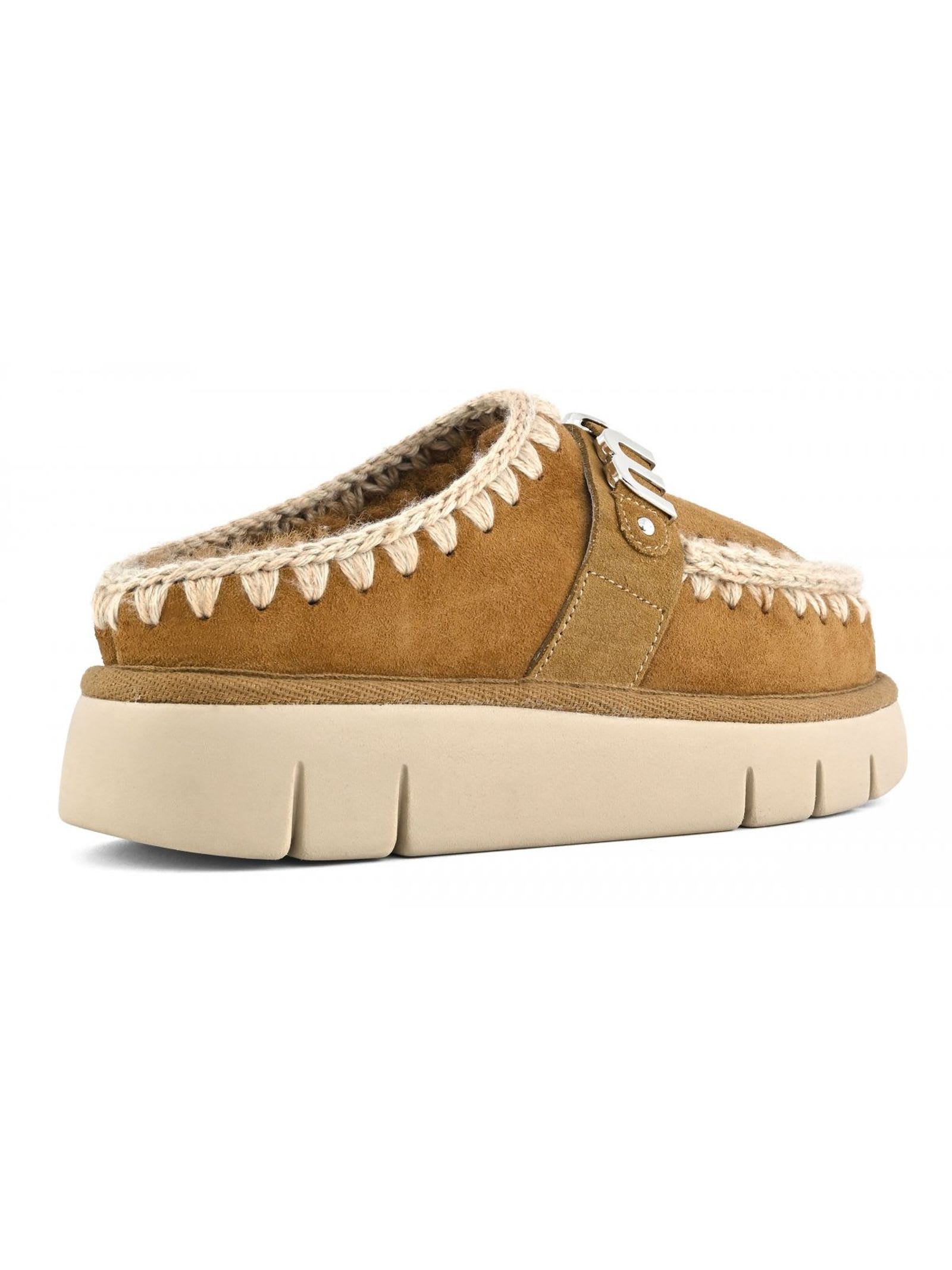 Mou Logo-lettering Crochet-trim Suede Mules In Marrone