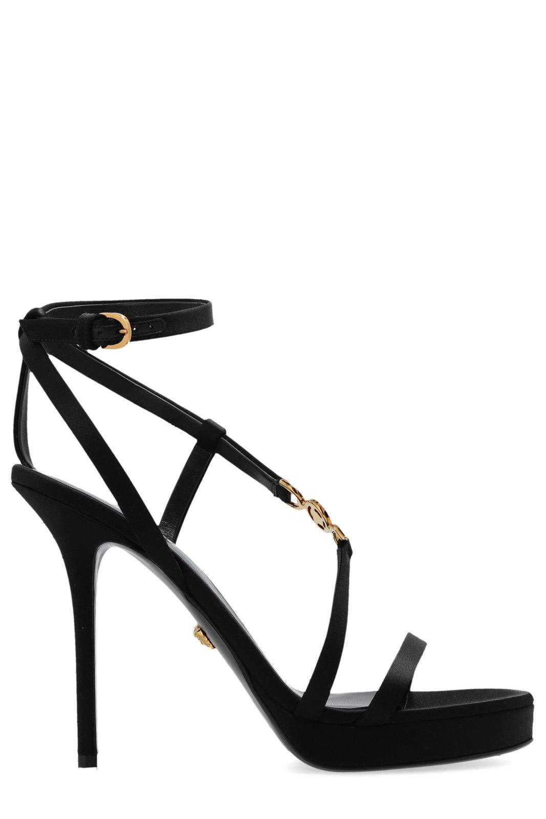 Shop Versace Medusa Embellished Satin Sandals In Black