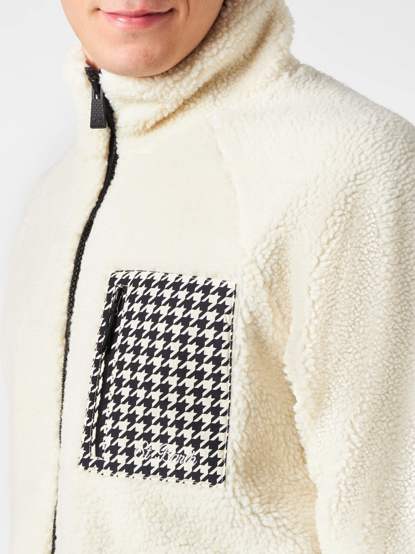 Shop Mc2 Saint Barth Man White Sherpa Jacket With Check Patch Pockets