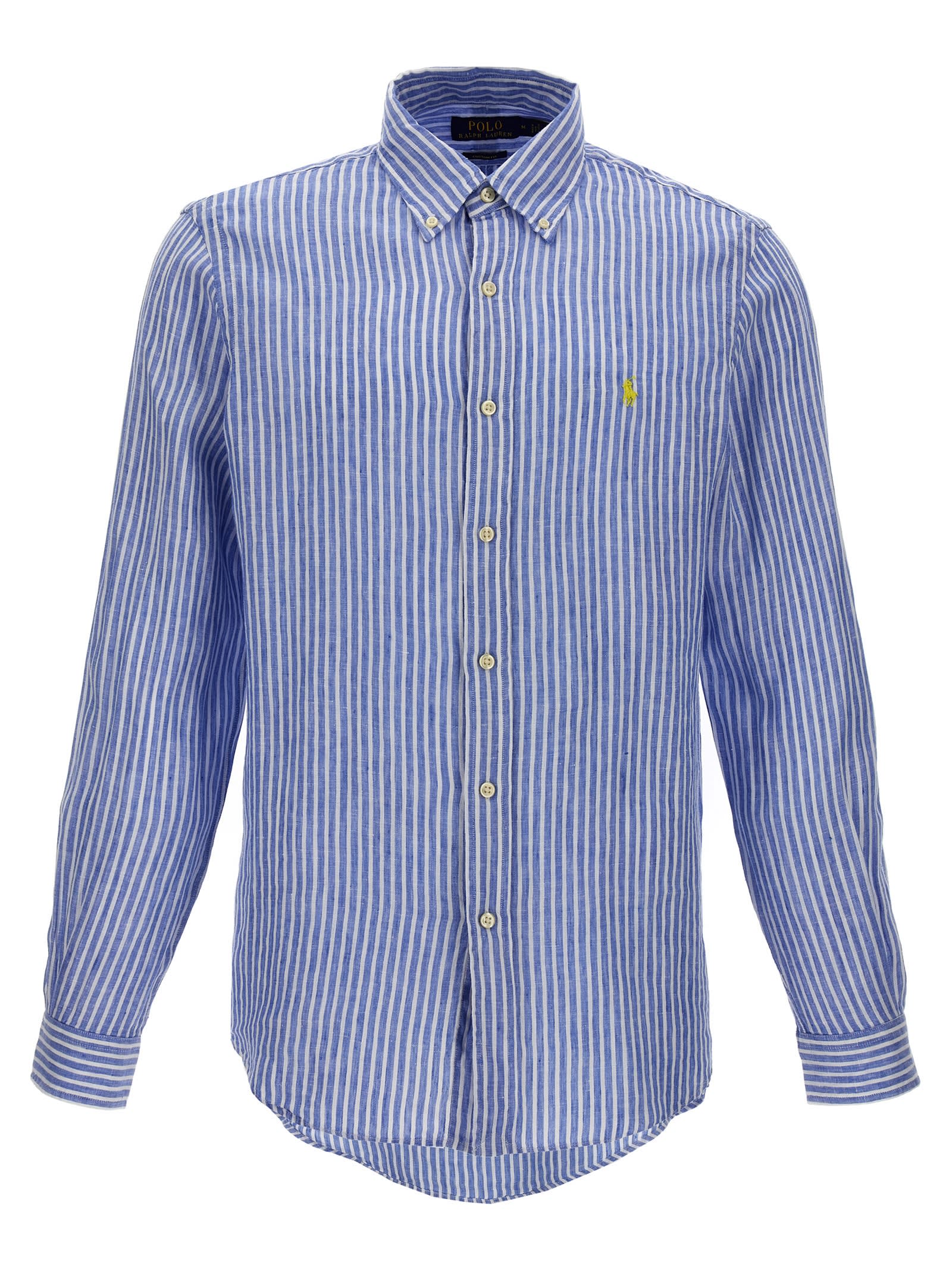 Shop Polo Ralph Lauren Logo Embroidery Striped Shirt In Light Blue