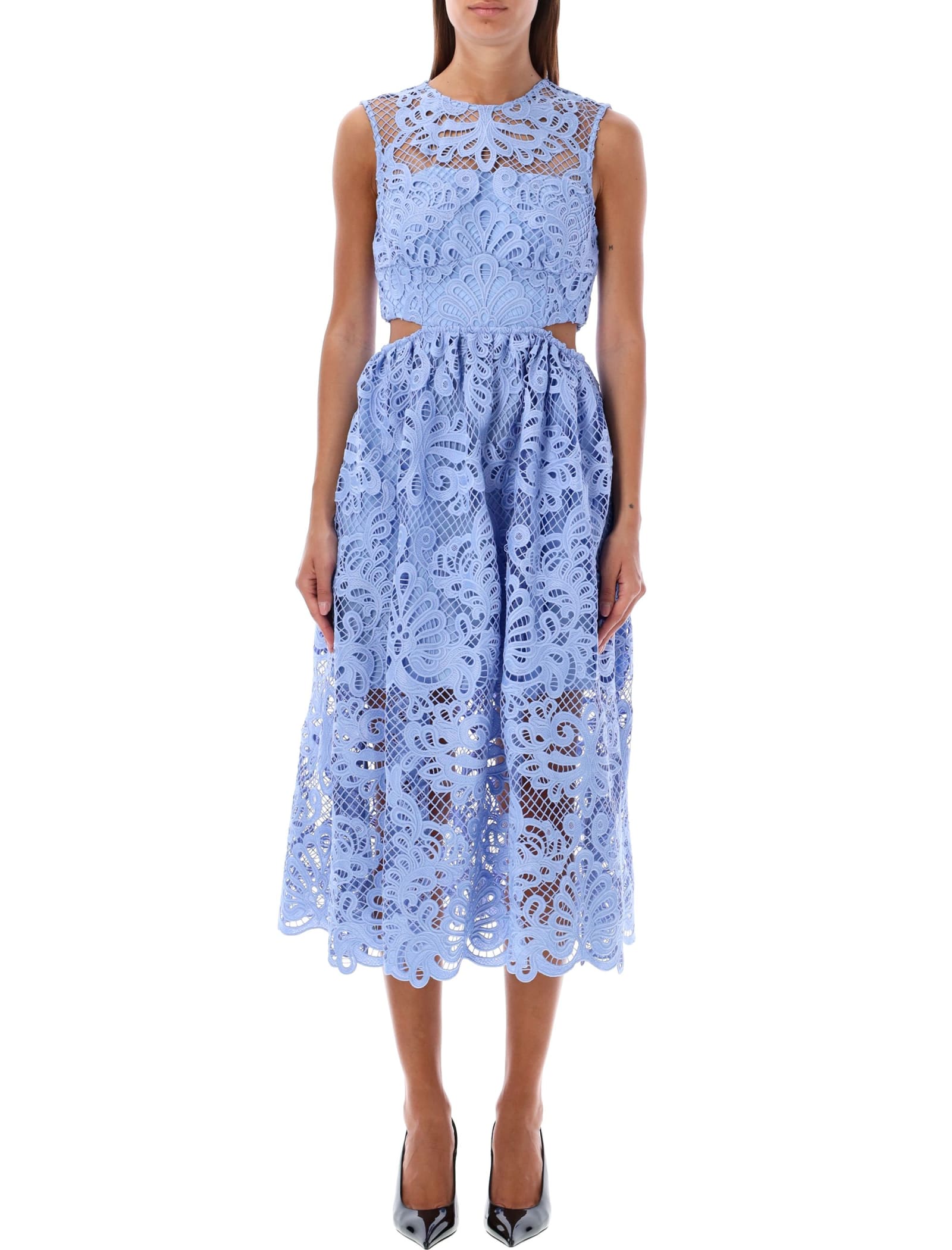 Shop Self-portrait Lace Cut Out Midi Dress In Light Blue