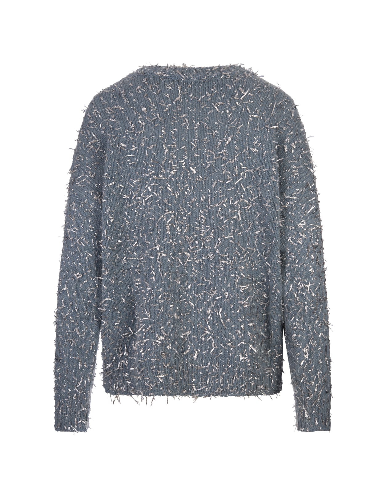 Shop Msgm Light Blue Wool Blend Sweater With Silver Metallic Thread