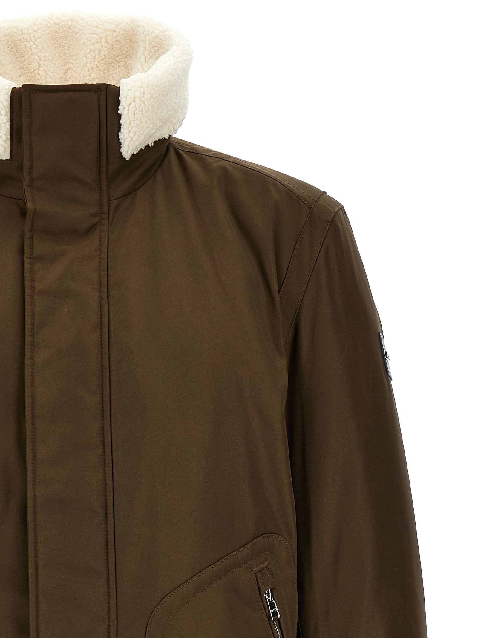 Hugo Boss Water-repellent Jacket With Faux-fur Collar In Brown